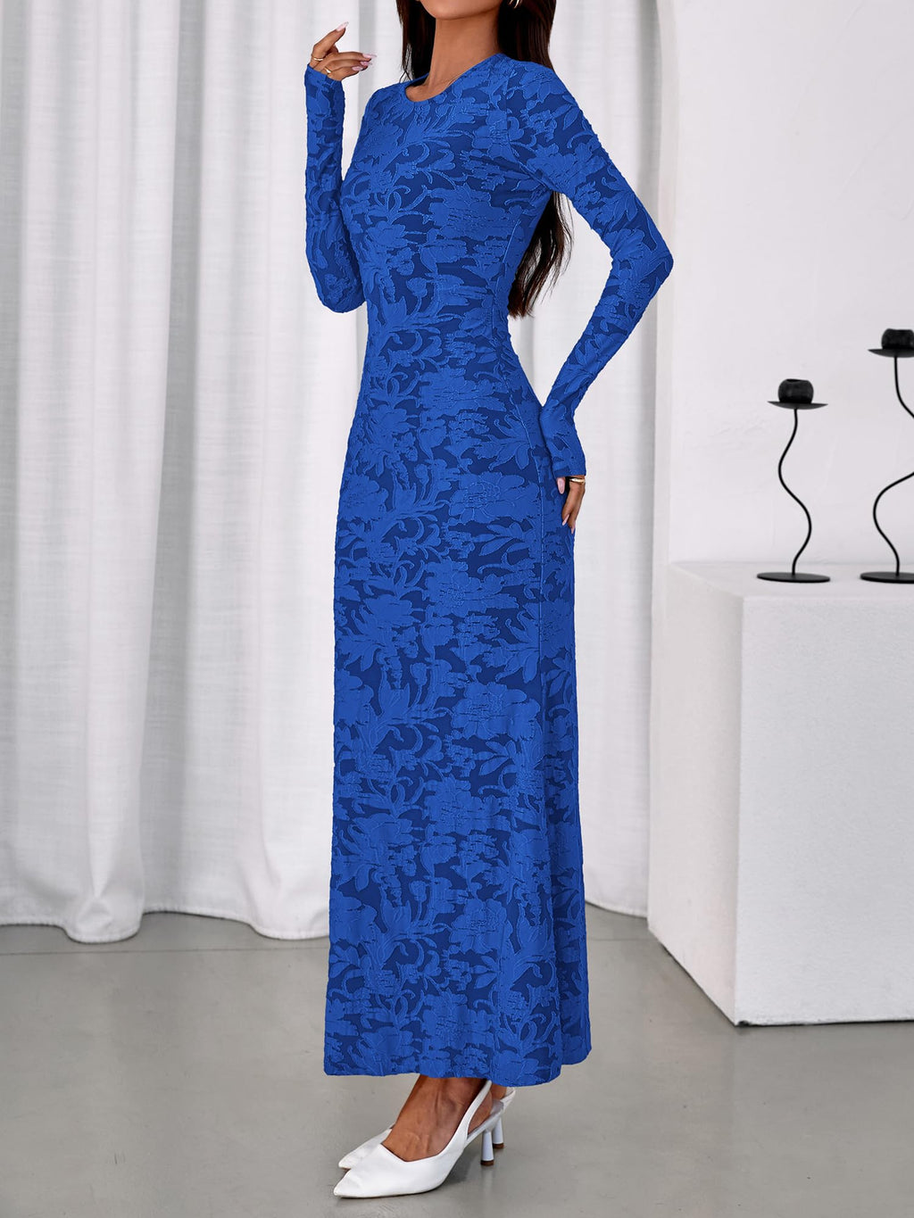 BTFBM Wedding Guest Dresses for Women Fall Elegant Floral Lace Ruched Long Sleeve Bodycon Cocktail Party Maxi Dress