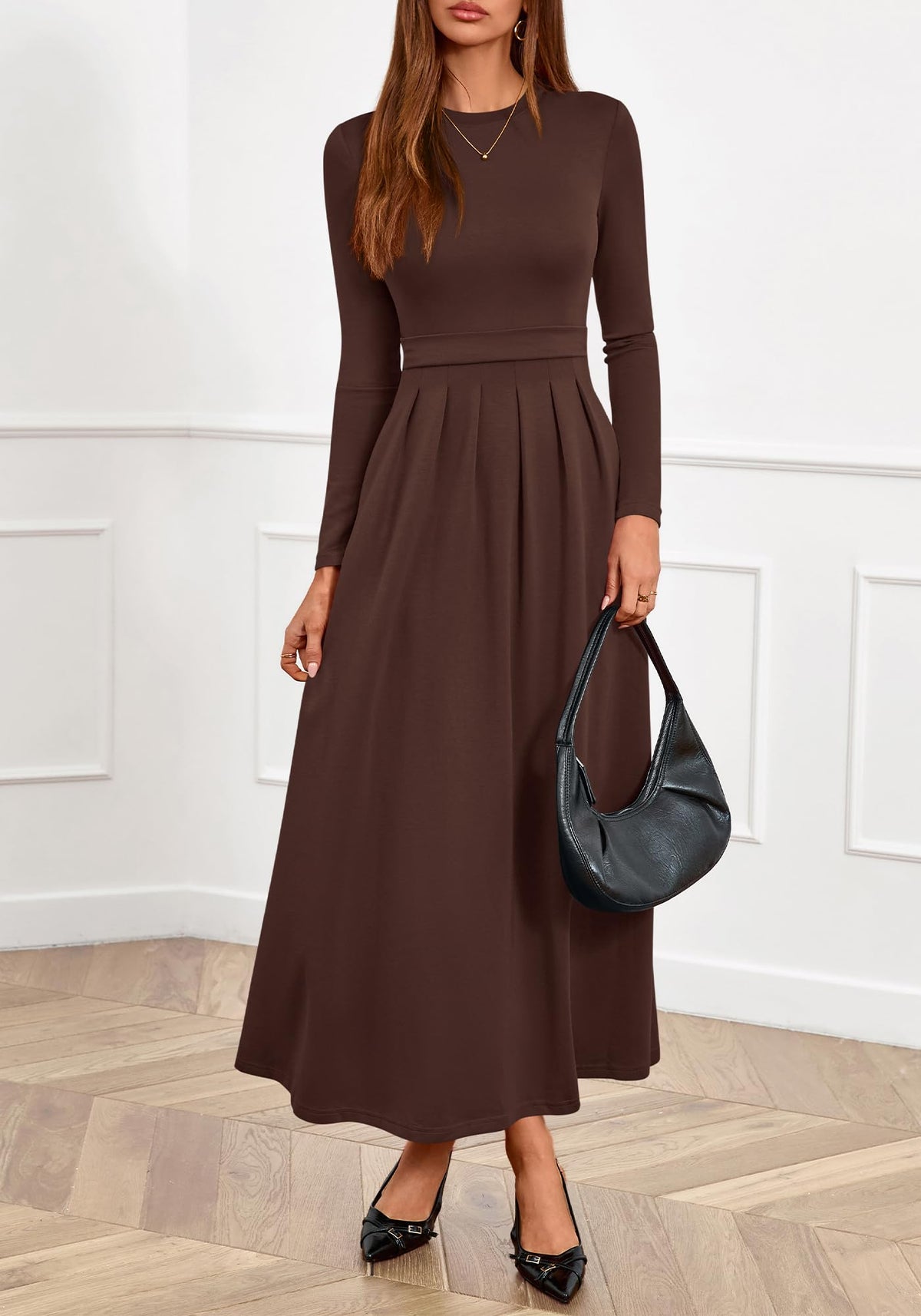 BTFBM Long Sleeve Dress for Women Spring Clothes Pockets Business Casual Pleated Fall Wedding Guest Dresses