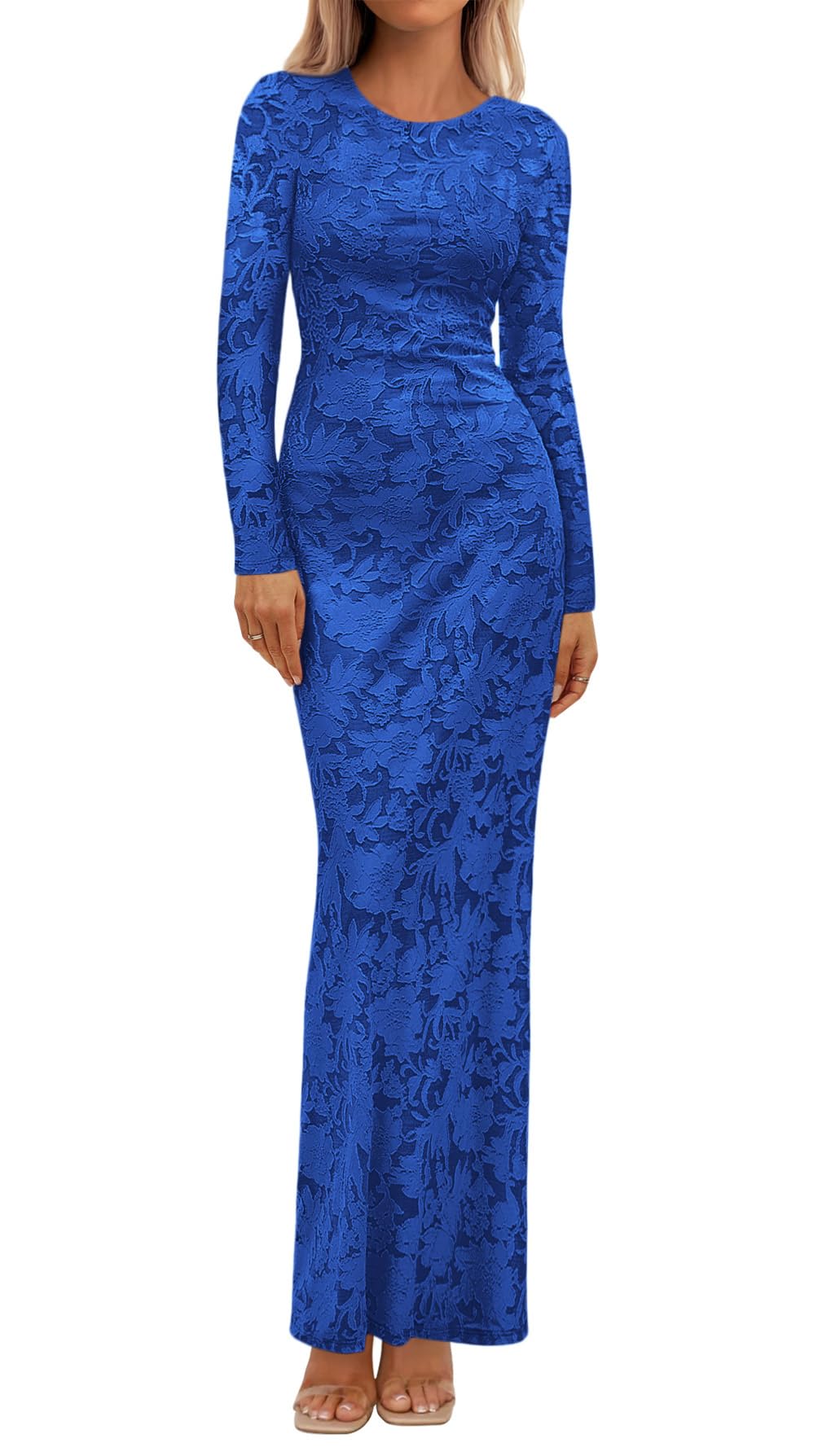 BTFBM Wedding Guest Dresses for Women Fall Elegant Floral Lace Ruched Long Sleeve Bodycon Cocktail Party Maxi Dress