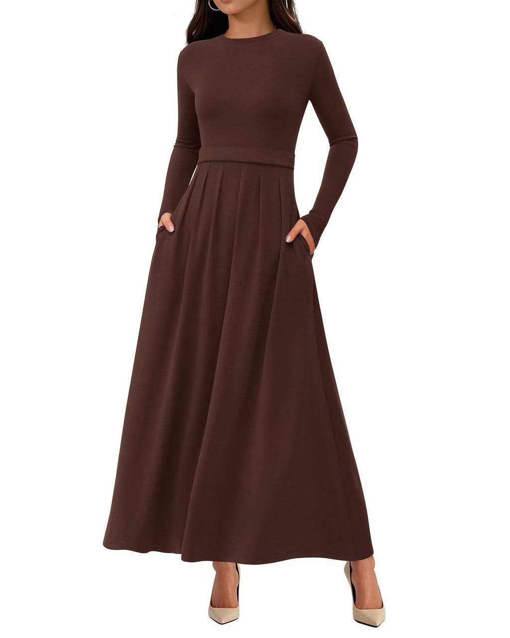 BTFBM Long Sleeve Dress for Women Spring Clothes Pockets Business Casual Pleated Fall Wedding Guest Dresses