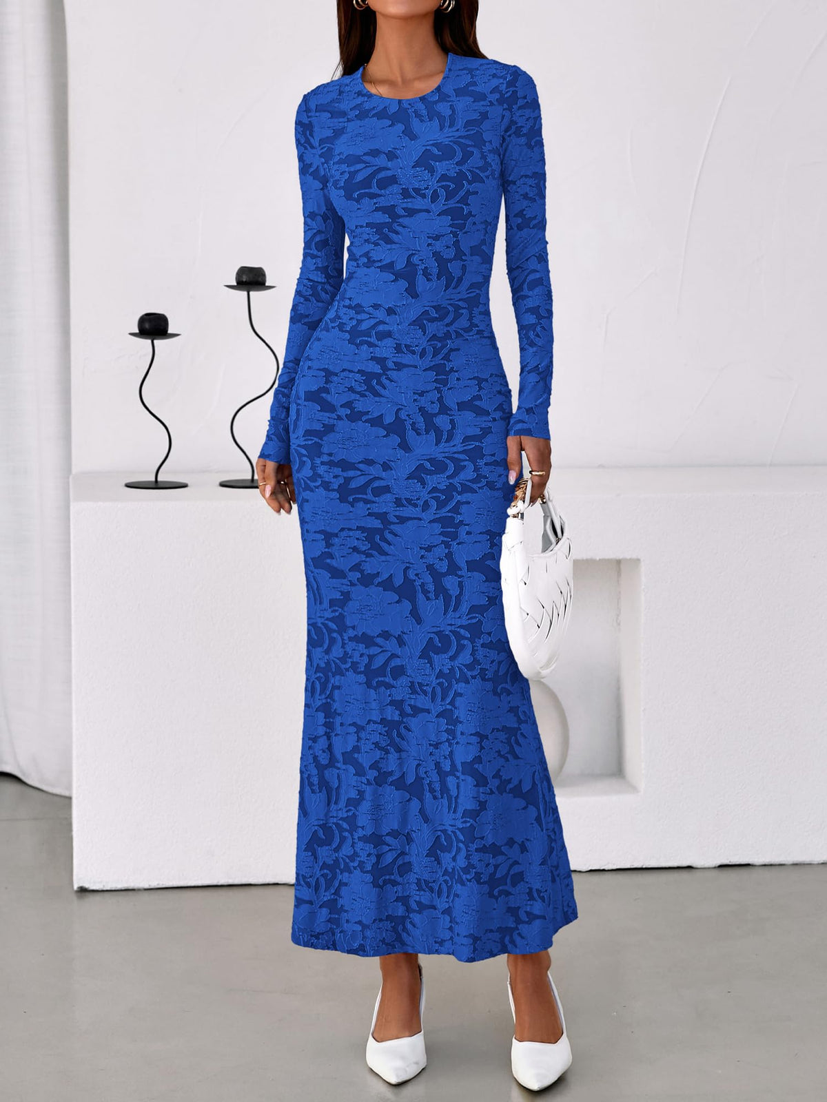 BTFBM Wedding Guest Dresses for Women Fall Elegant Floral Lace Ruched Long Sleeve Bodycon Cocktail Party Maxi Dress