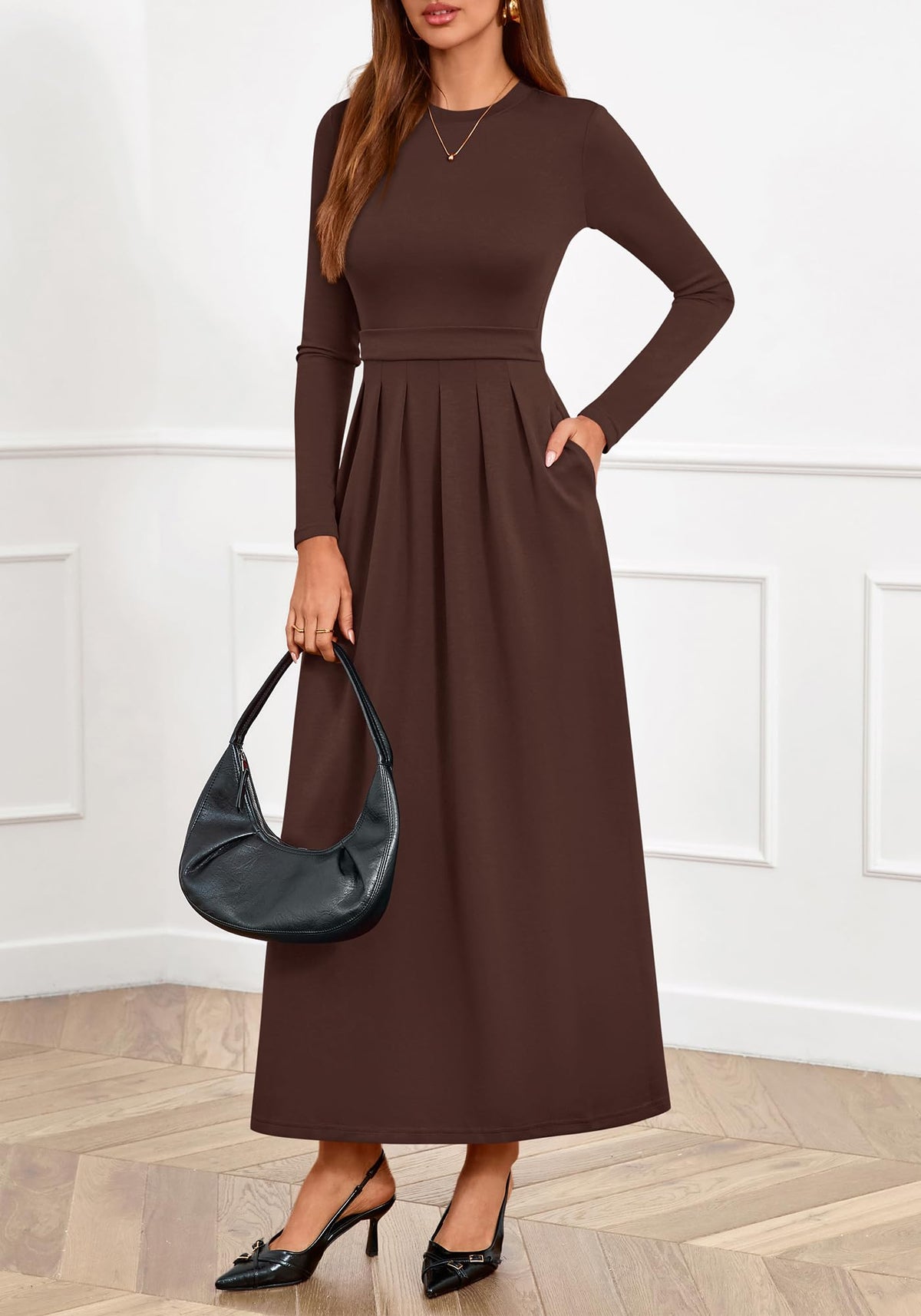 BTFBM Long Sleeve Dress for Women Spring Clothes Pockets Business Casual Pleated Fall Wedding Guest Dresses