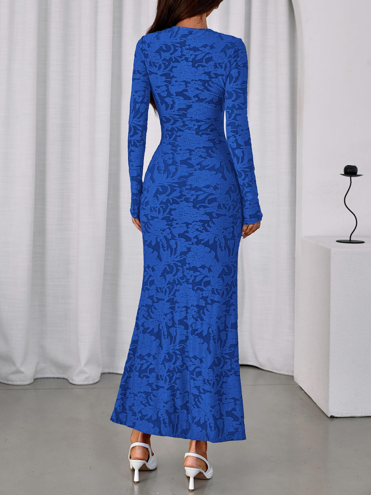 BTFBM Wedding Guest Dresses for Women Fall Elegant Floral Lace Ruched Long Sleeve Bodycon Cocktail Party Maxi Dress