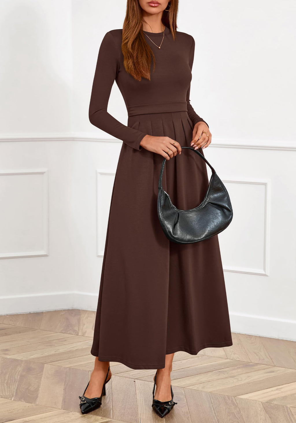 BTFBM Long Sleeve Dress for Women Spring Clothes Pockets Business Casual Pleated Fall Wedding Guest Dresses