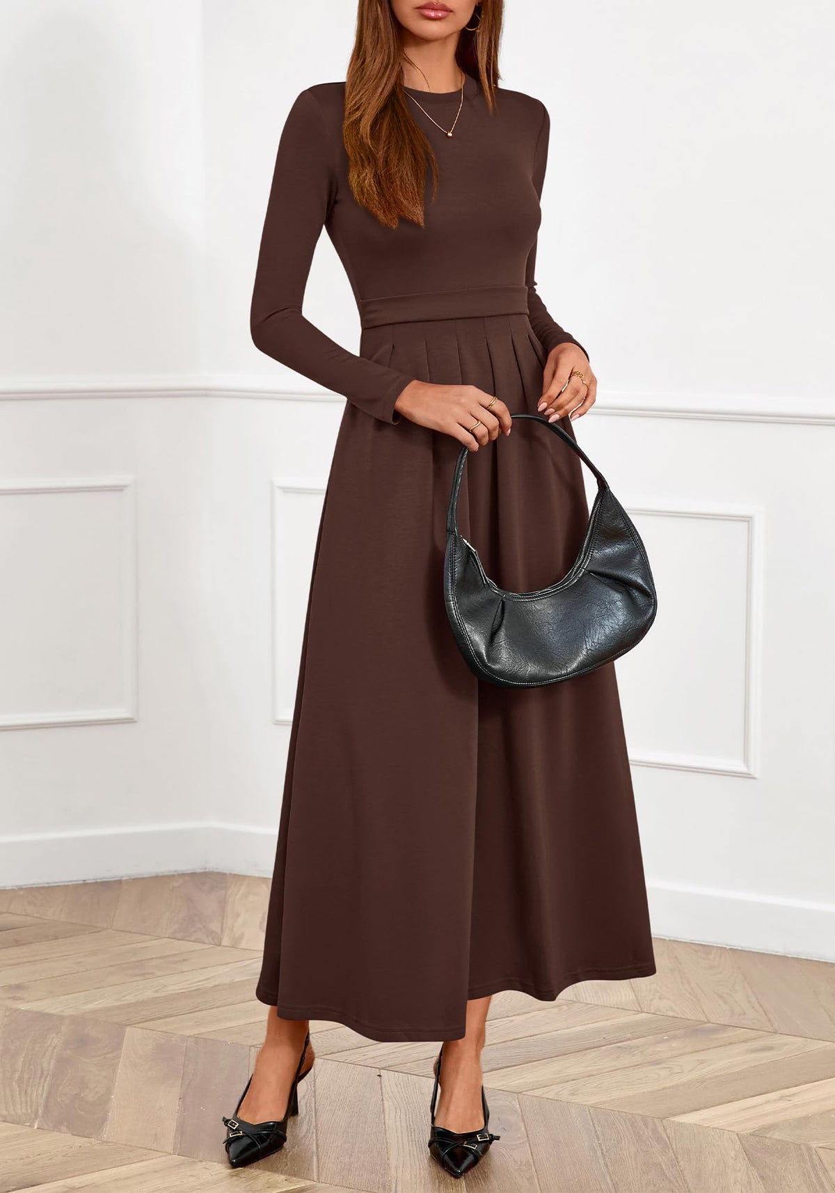 BTFBM Long Sleeve Dress for Women Spring Clothes Pockets Business Casual Pleated Fall Wedding Guest Dresses