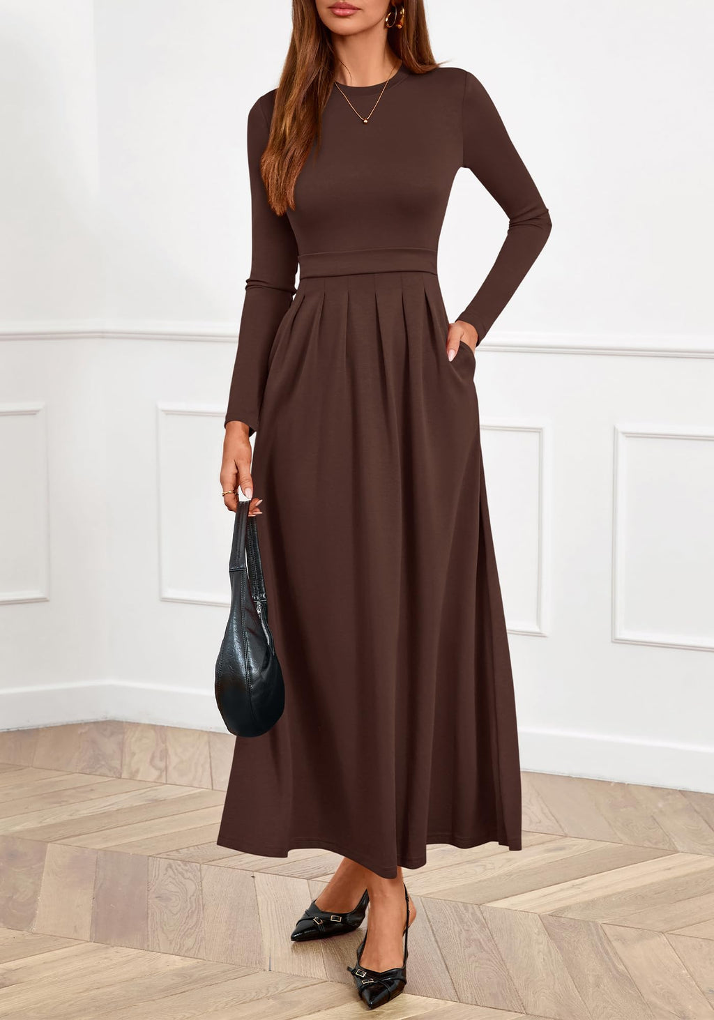 BTFBM Long Sleeve Dress for Women Spring Clothes Pockets Business Casual Pleated Fall Wedding Guest Dresses