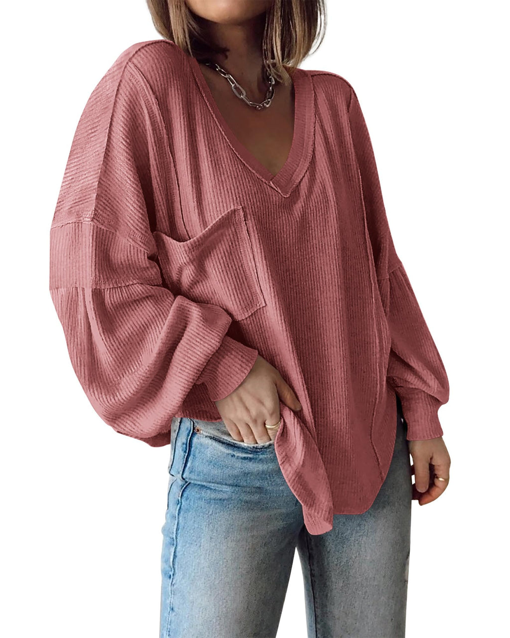 FreshPretty Womens Fall Fashion Long Sleeve Shirts Casual V Neck Ribbed Knit Blouses Pullover Trendy Loose Fit Tunic Tops