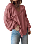 FreshPretty Womens Fall Fashion Long Sleeve Shirts Casual V Neck Ribbed Knit Blouses Pullover Trendy Loose Fit Tunic Tops