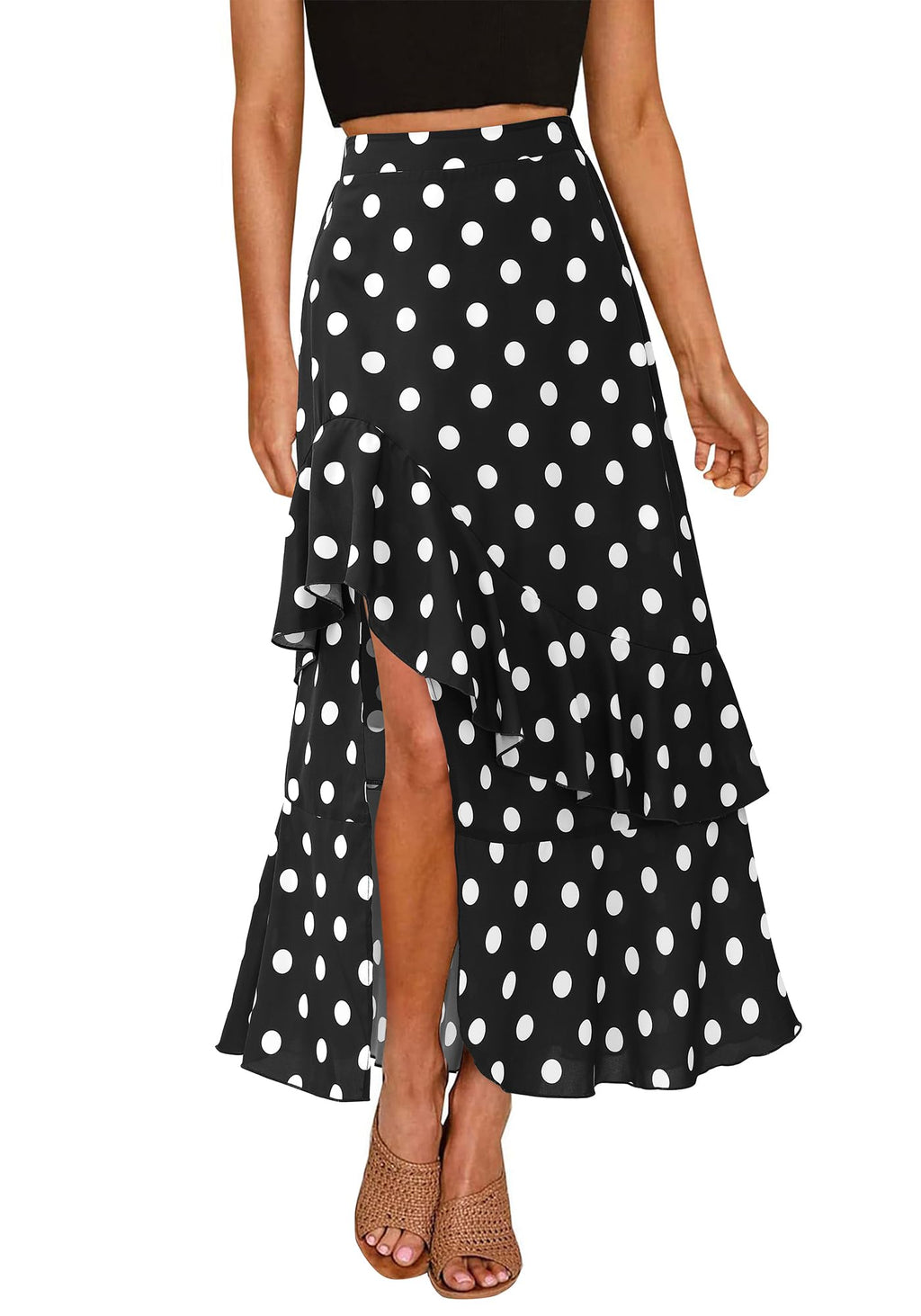 BTFBM Women Spring Summer Long Skirts Dress Boho Floral Elastic Waist Split Ruffle High Low Beach Maxi Skirt Clothes