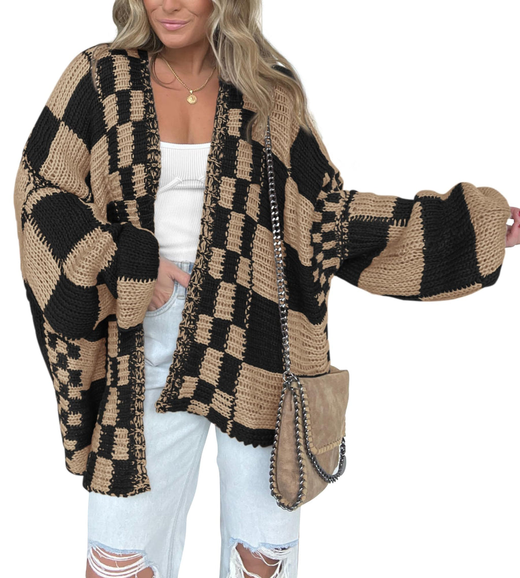 FreshPretty Casual Cardigan Sweater for Women Fall Long Sleeve Open Front Chunky Knit Sweaters Checkered Outwear Coat