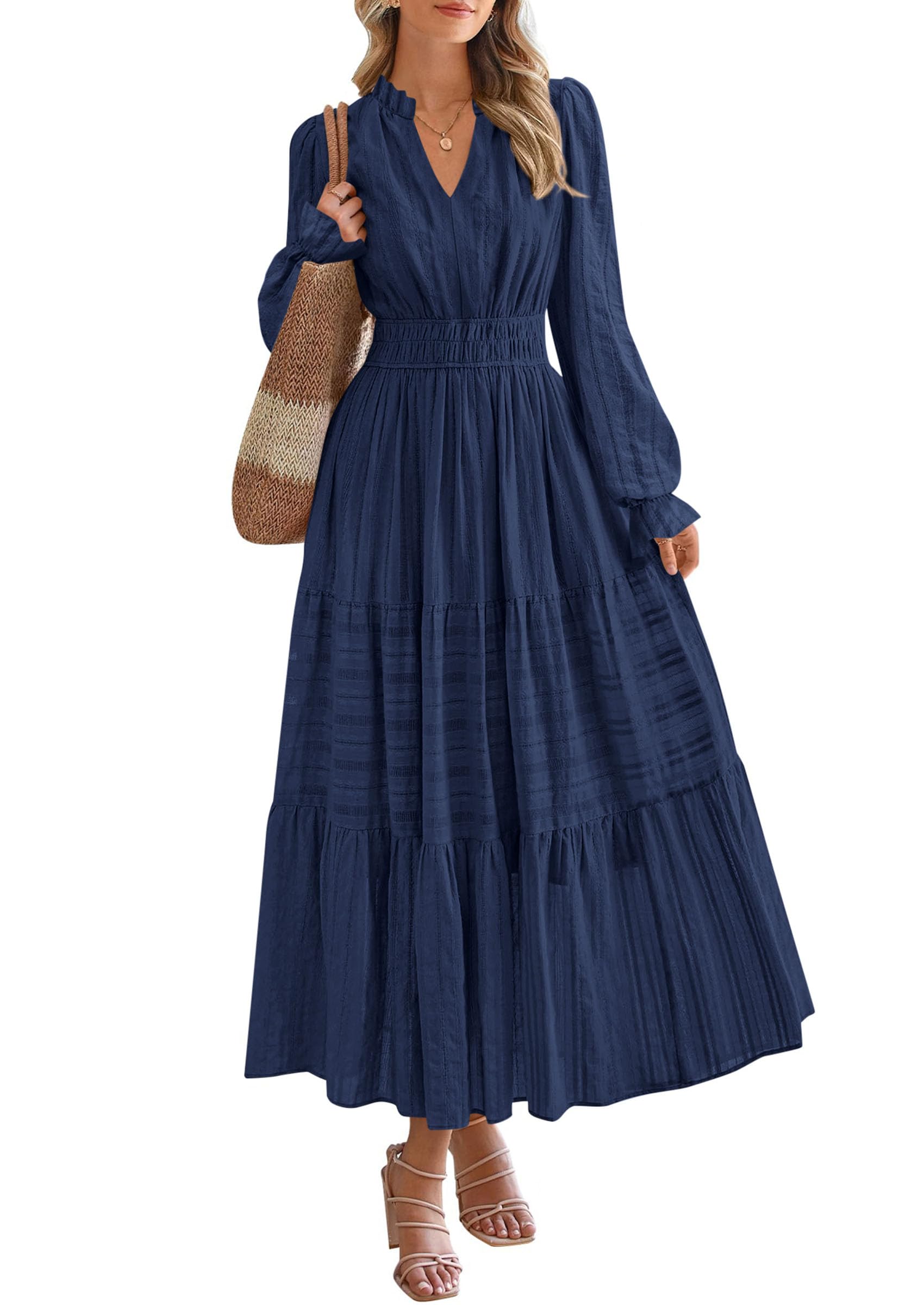 PRETTYGARDEN Women's Fall Wedding Guest Dresses Long Sleeve V Neck Flowy Elegant Holiday Party Maxi Dress with Pockets