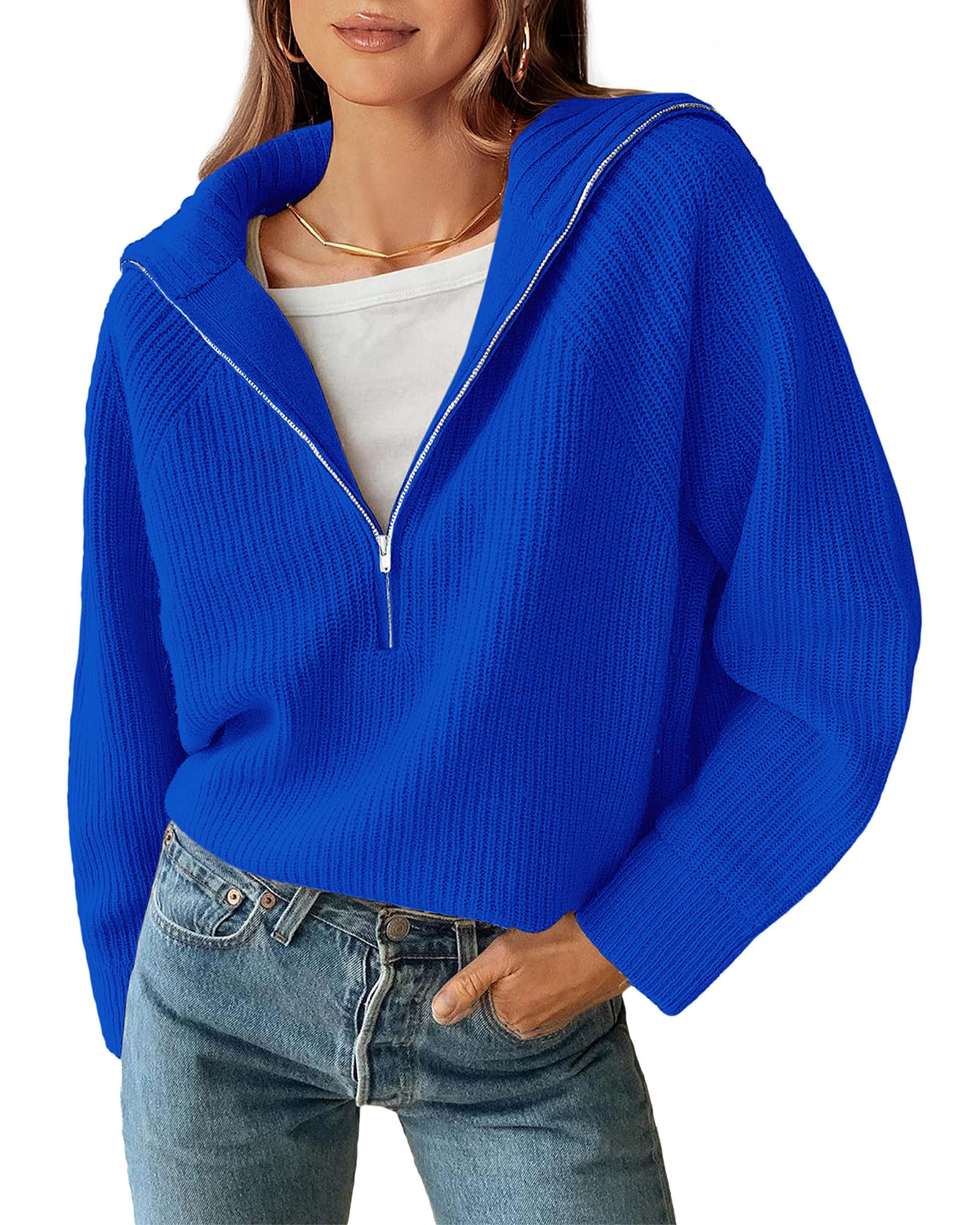 BTFBM Womens Sweaters Quarter Zip Pullover V Neck Collar Long Sleeve Ribbed Knit Loose Casual Winter Fall Sweater