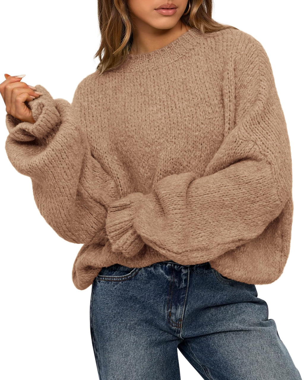BTFBM Women's Oversized Sweater Crewneck Fall Winter Long Sleeve Fuzzy Warn Knit Pullover Sweaters Trendy Outfits