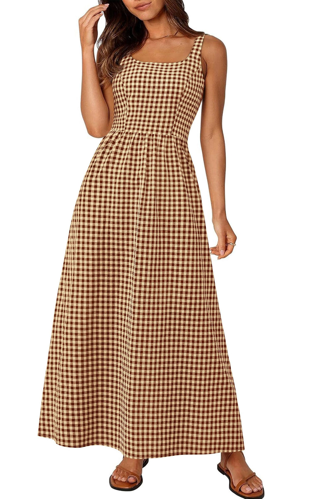 PRETTYGARDEN Women's Summer Spaghetti Strap Maxi Dresses Plaid Square Neck A Line Casual Beach Vacation Long Sundress