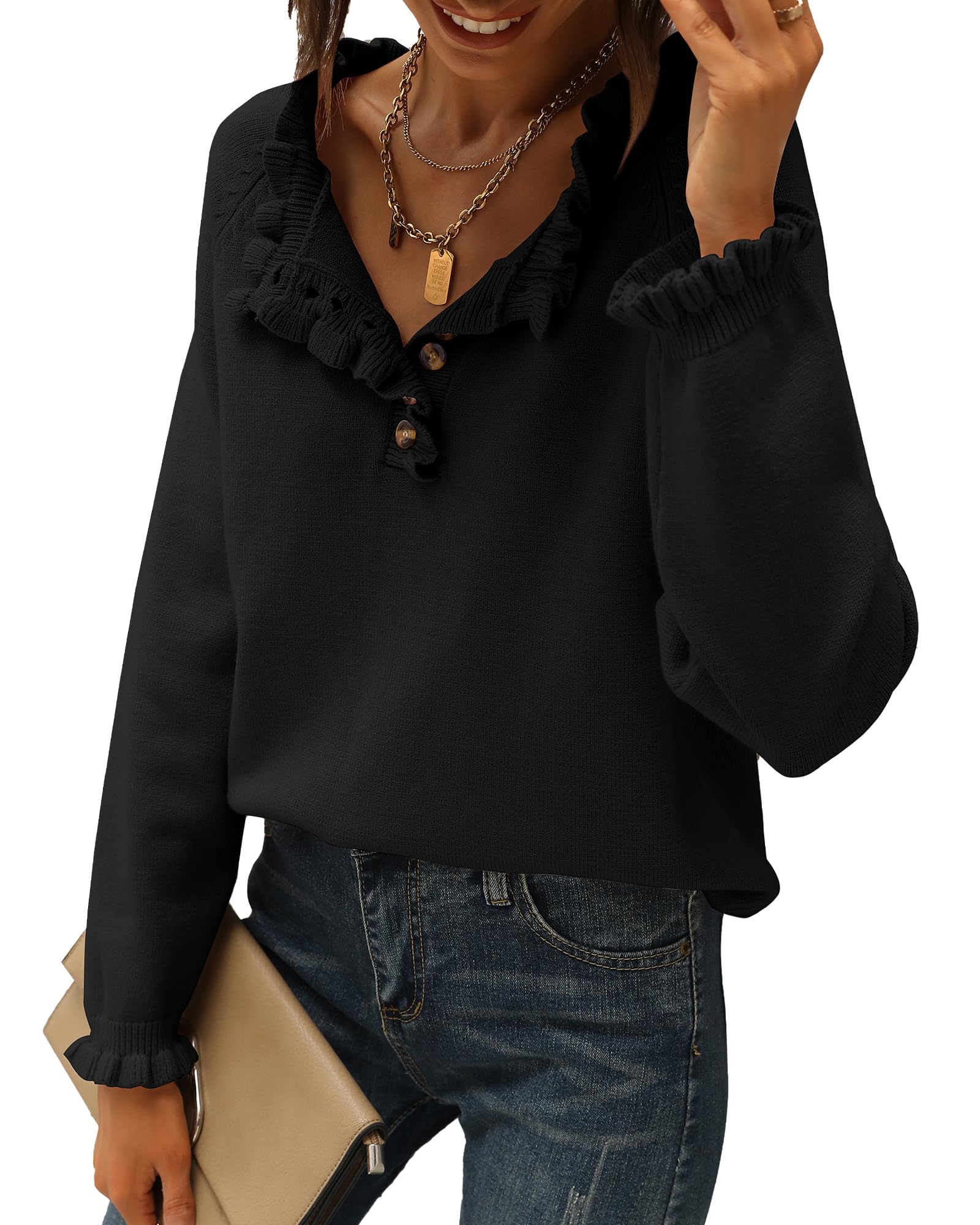 FreshPretty Womens Sweaters Fall Winter Clothes Long Sleeve Button Down Ruffle Crew Neck Casual Knitted Pullover Tops