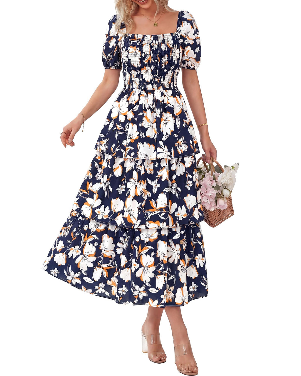 BTFBM Womens Square Neck Smocked Dress Summer Puff Short Sleeve Floral Casual Ruffle Tiered Maxi Wedding Guest Dresses