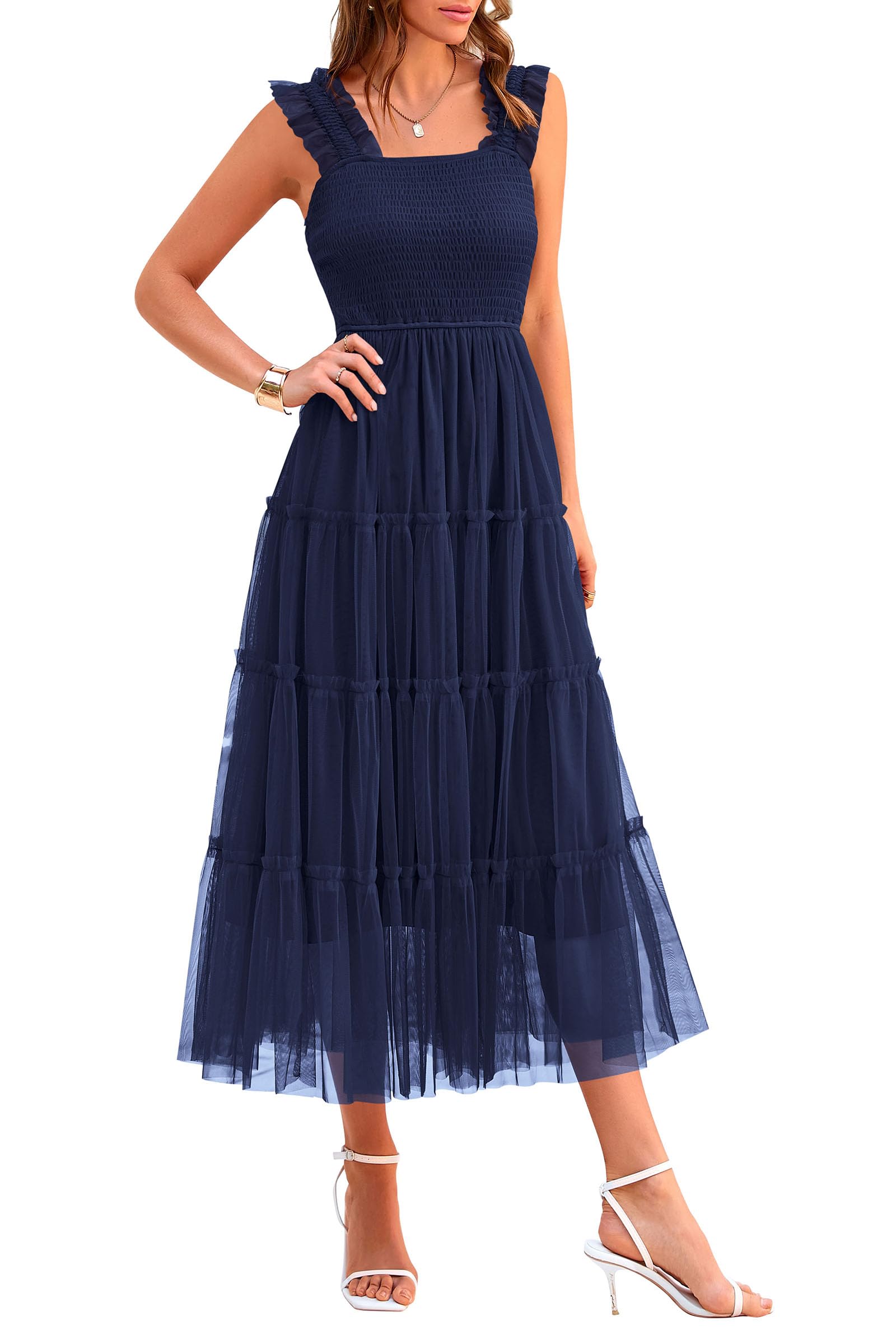 PRETTYGARDEN Women's Summer Tulle Midi Dress Sleeveless Smocked Ruffle Flowy Mesh Dresses Party Wedding Guest Sundress