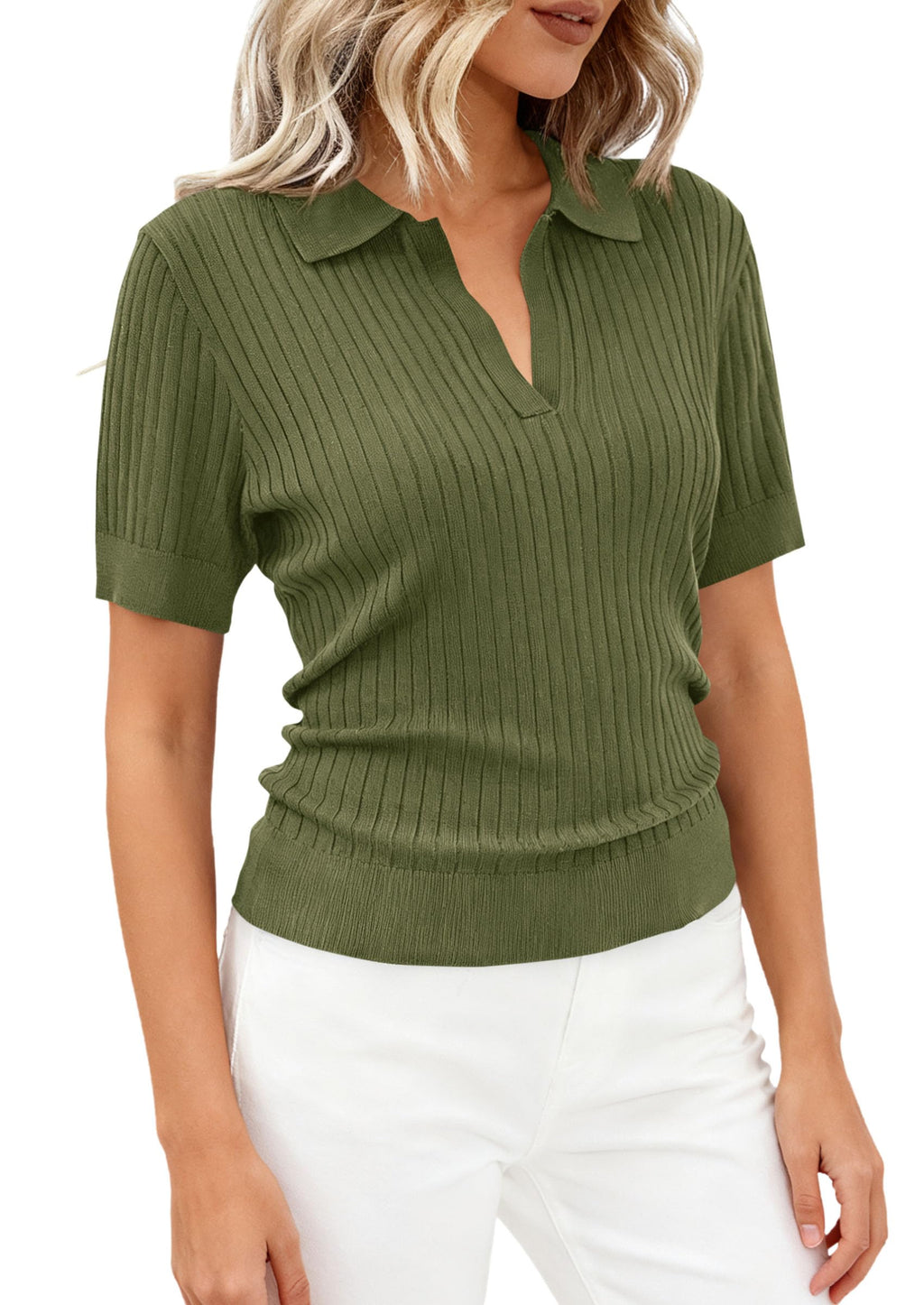 PRETTYGARDEN Women's Short Sleeve Sweater Spring Polo Shirts Ribbed Knit V Neck Business Casual Tops Summer Work Clothes