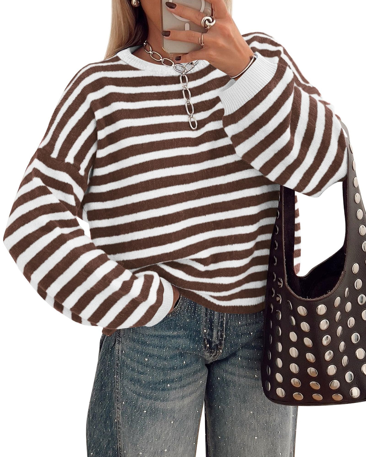 BTFBM Women's Lightweight Oversized Striped Sweater | Soft Knit Cozy Sweaters, Crew Neck Long Sleeve Pullover, y2k Color Block, Casual Holiday Outfits, Winter Fall Clothes