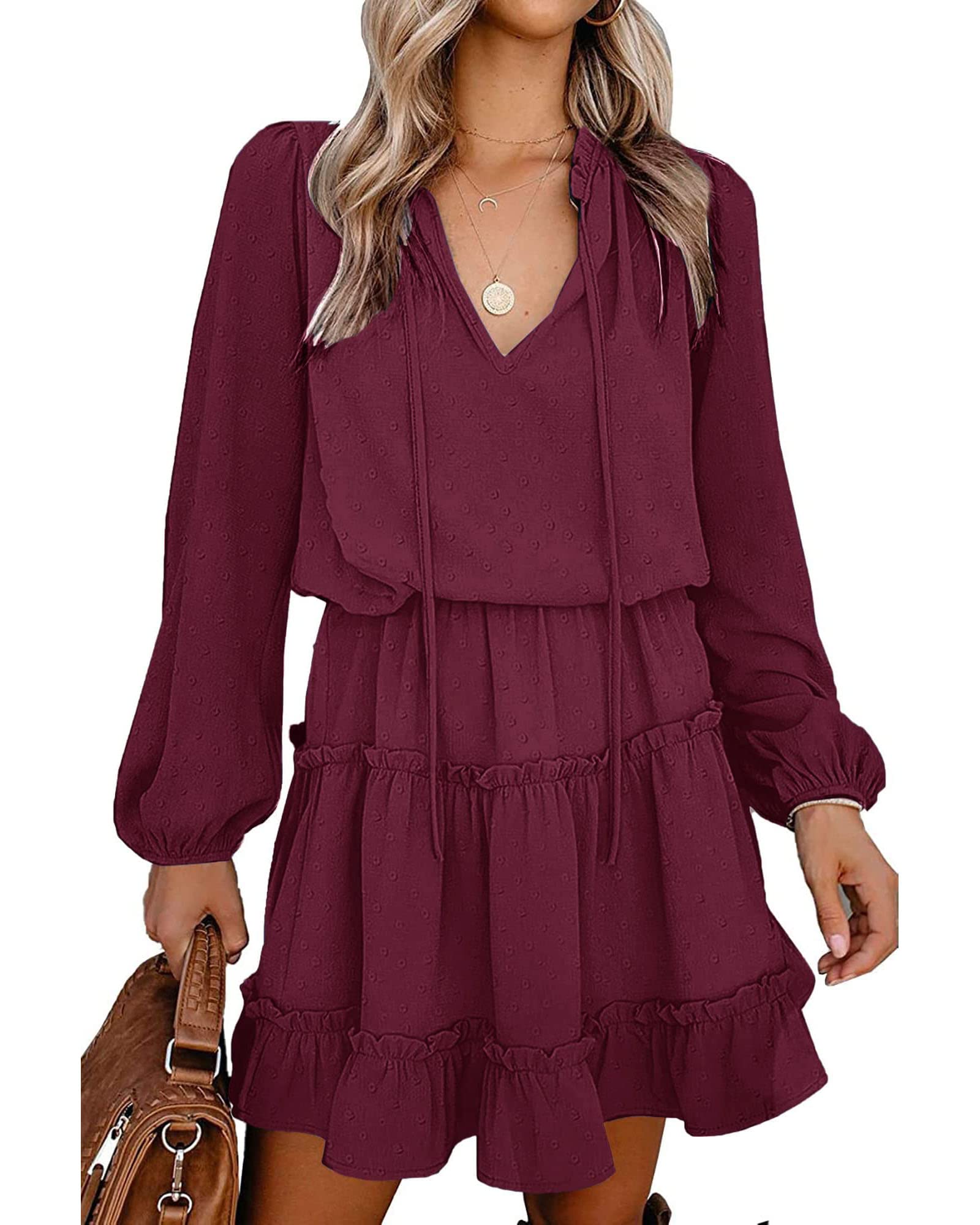 FreshPretty Long Sleeve Fall Dresses for Women Summer Casual Tie Neck Ruffle Tiered A Line Wedding Guest Short Mini Dress