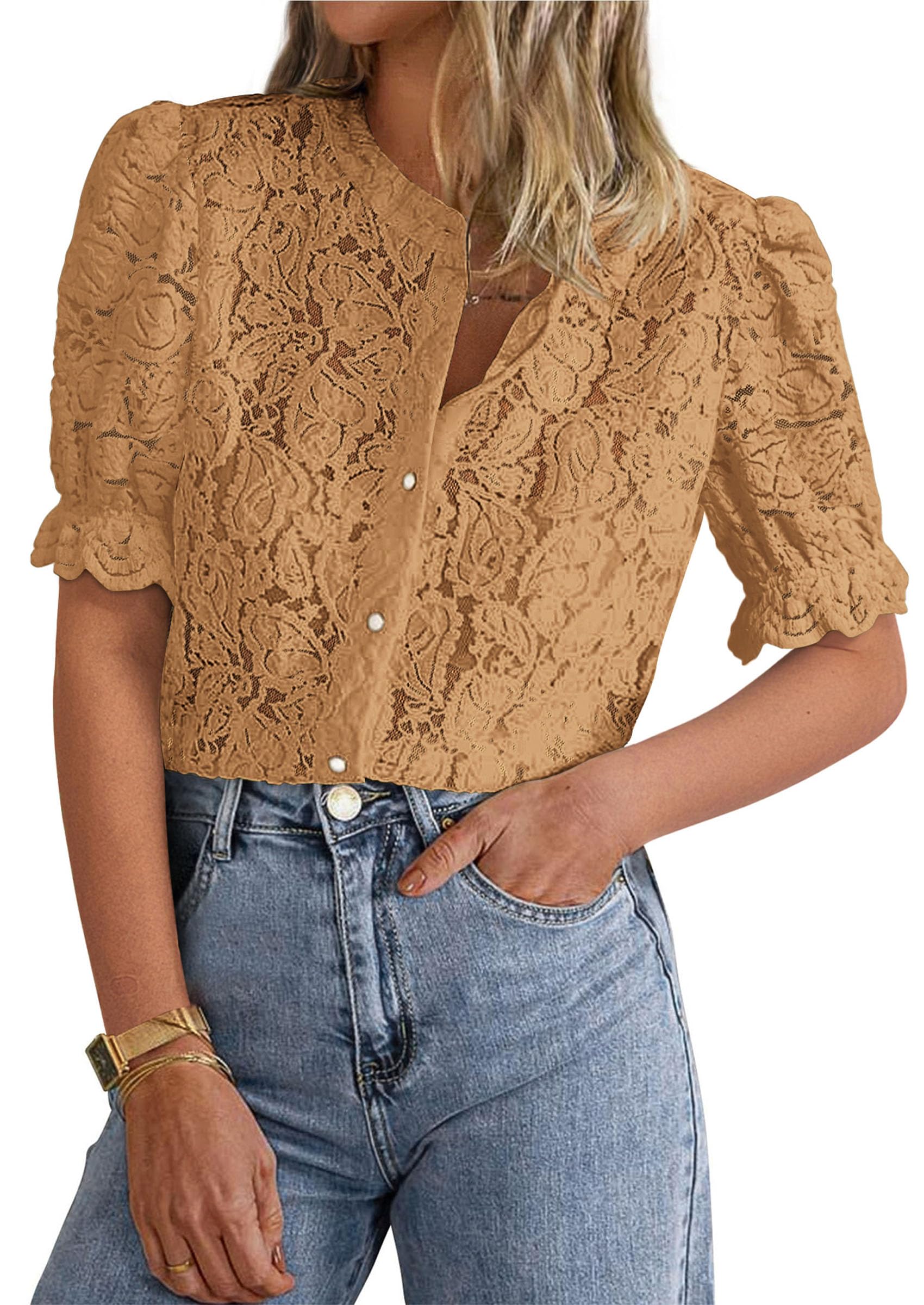 PRETTYGARDEN Womens Spring Lace Tops Short Puff Sleeve Casual Dressy Blouses Eyelet Crew Neck Button Down Shirts