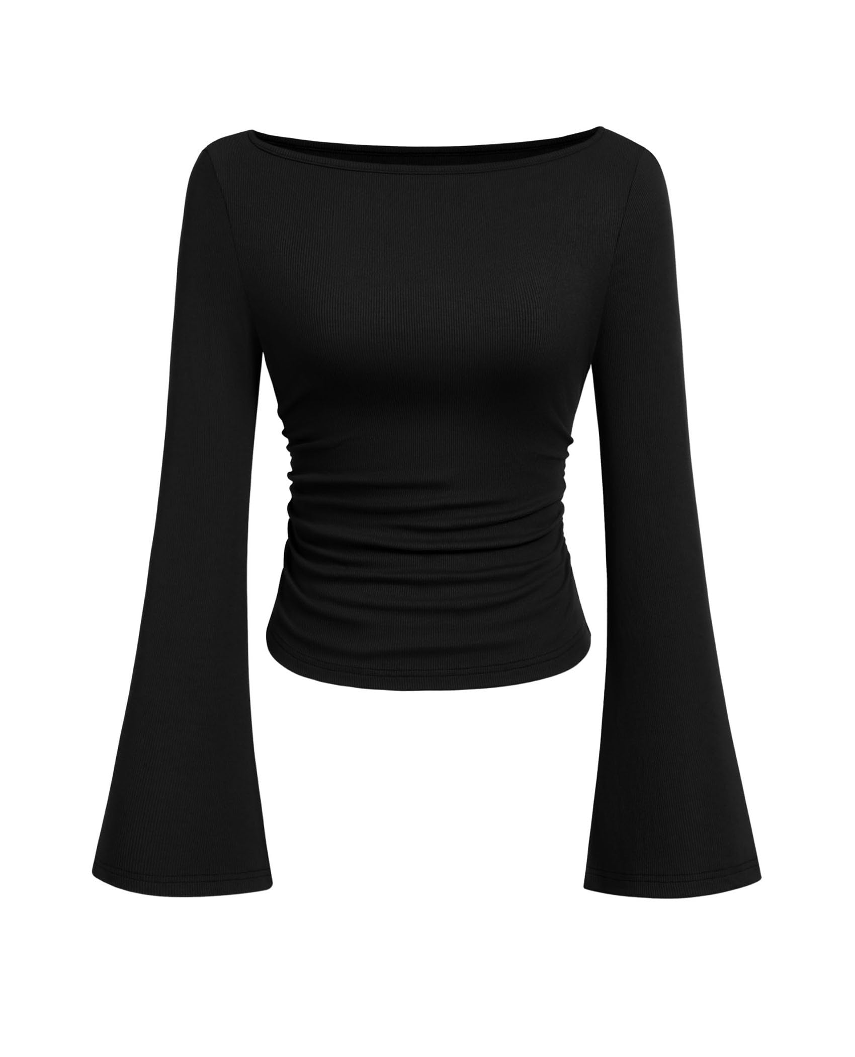 PRETTYGARDEN Women's Long Sleeve Shirts Fall Crop Going Out Tops Casual Boat Neck Bell Sleeve Ribbed Ruched Y2K Clothes