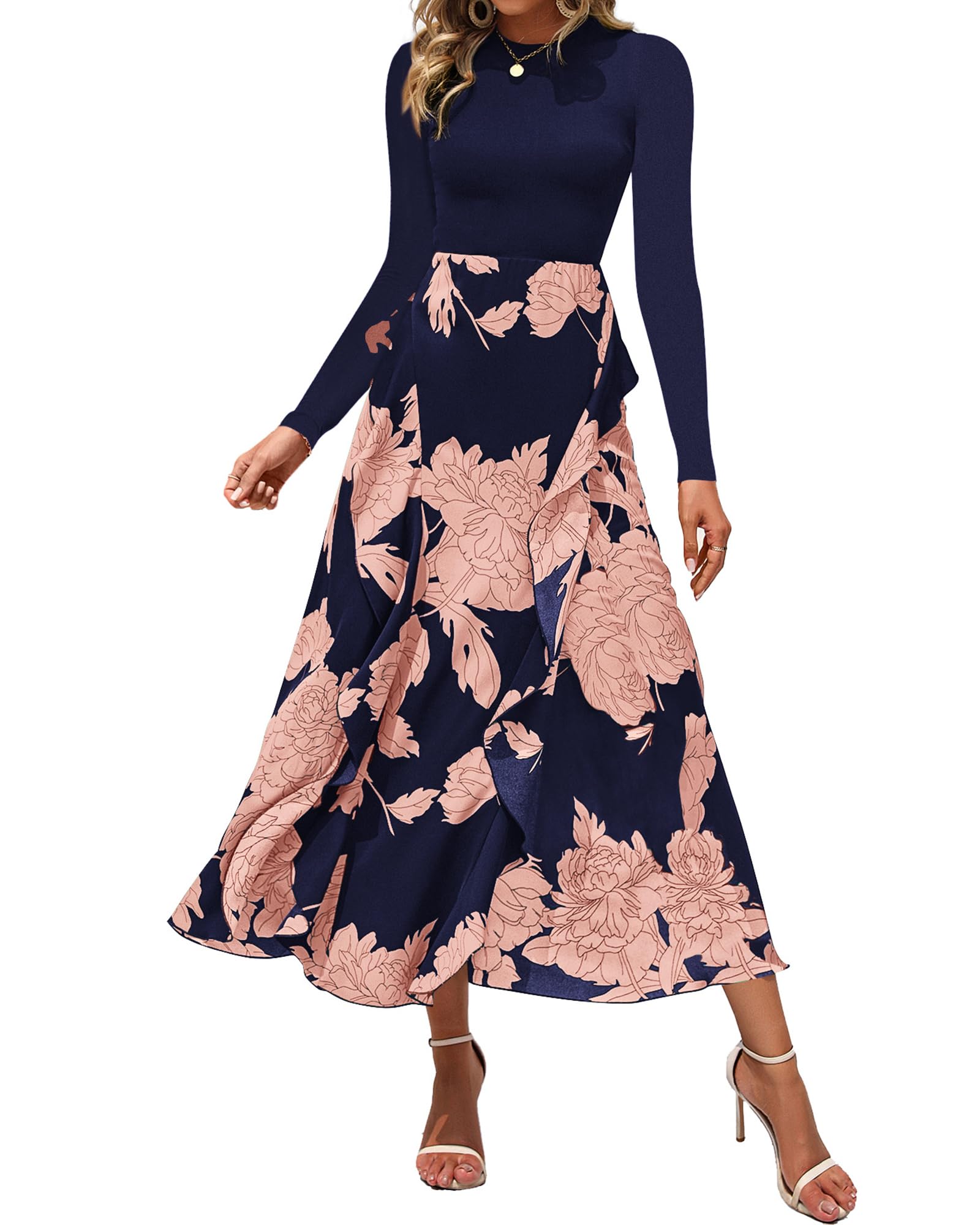 FreshPretty Womens Floral Maxi Dress Fall Casual Crewneck Long Sleeve Ruffle Flowy Cocktail Wedding Guest Dresses