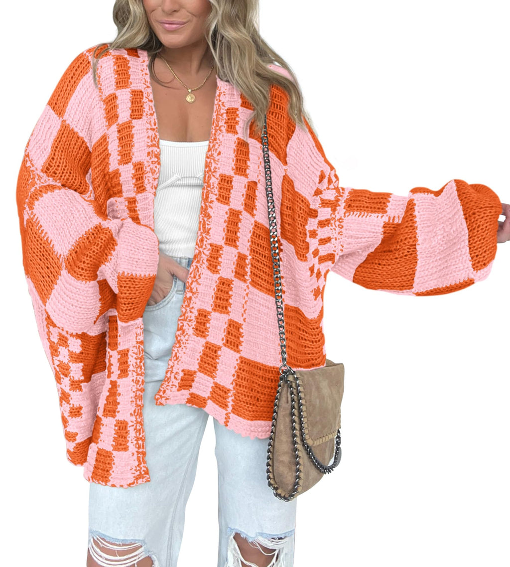 BTFBM Casual Cardigan Sweater for Women Fall Long Sleeve Sweaters Fall Outfits, Loose Fit,Solid,Open Front Chunky Knit Sweaters,Chunky Cardigan Sweaters For Women,Checkered Outwear Coat