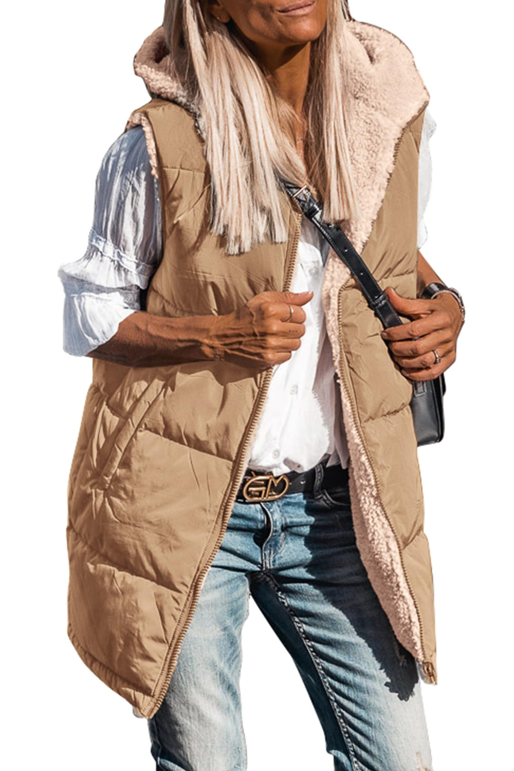 PRETTYGARDEN Womens Fall Reversible Long Vests Sleeveless Fleece Jacket Zip Up Hoodie Pockets Warm Coat Winter Clothing