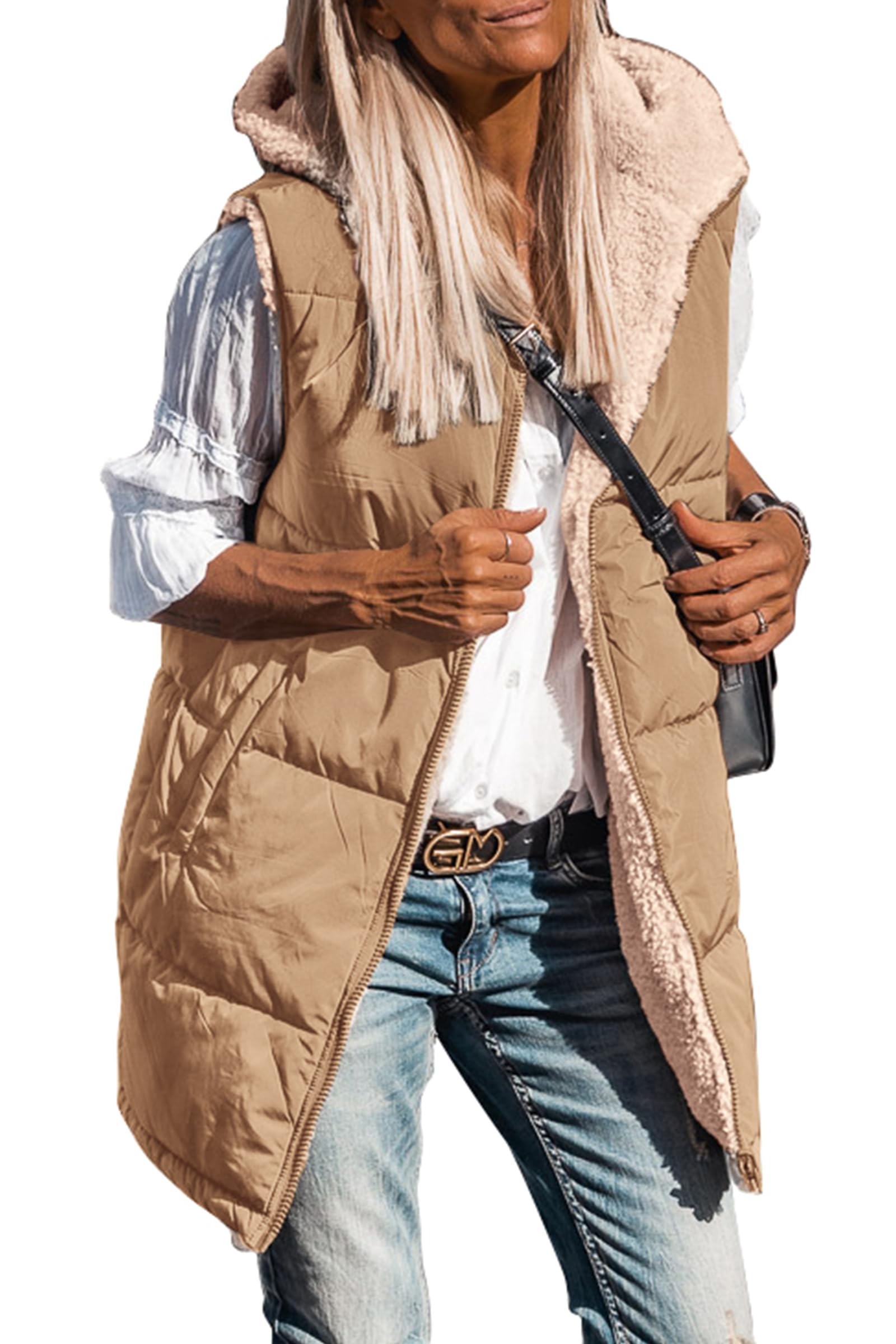 PRETTYGARDEN Womens Fall Reversible Long Vests Sleeveless Fleece Jacket Zip Up Hoodie Pockets Warm Coat Winter Clothing