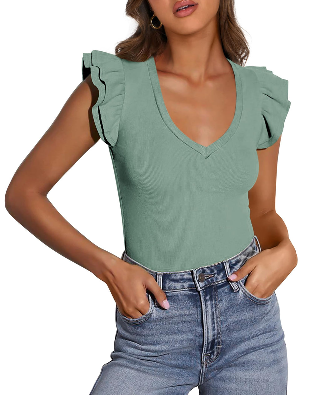 PRETTYGARDEN Womens V Neck Summer Tops Ruffle Sleeveless Slim Fit T Shirts Going Out Casual Blouses