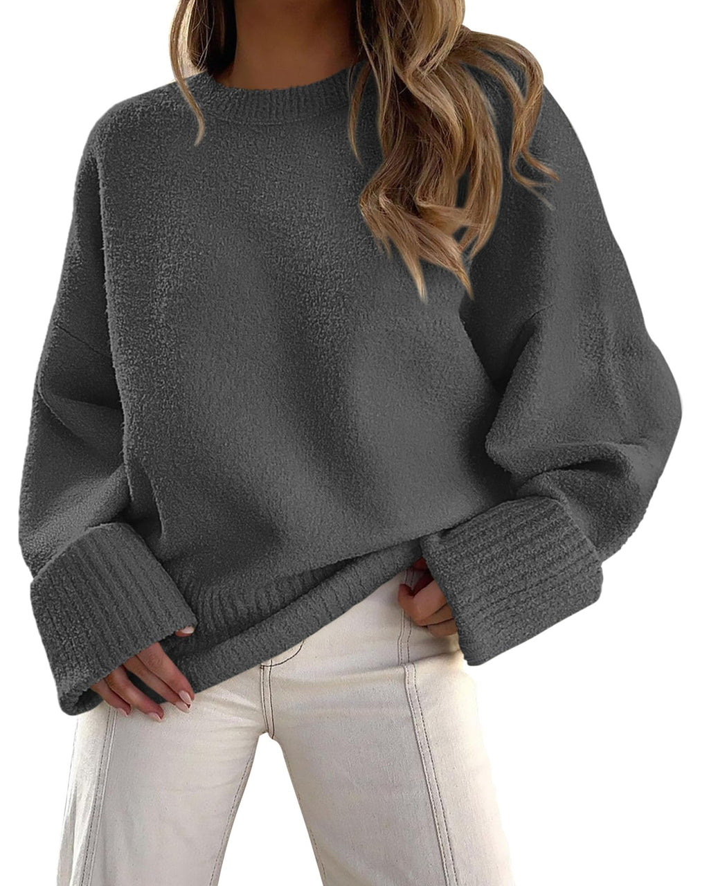 PRETTYGARDEN Women's Fall Oversized Sweaters Casual Crewneck Pullover Long Sleeve Fuzzy Chunky Knit Tops Blouse