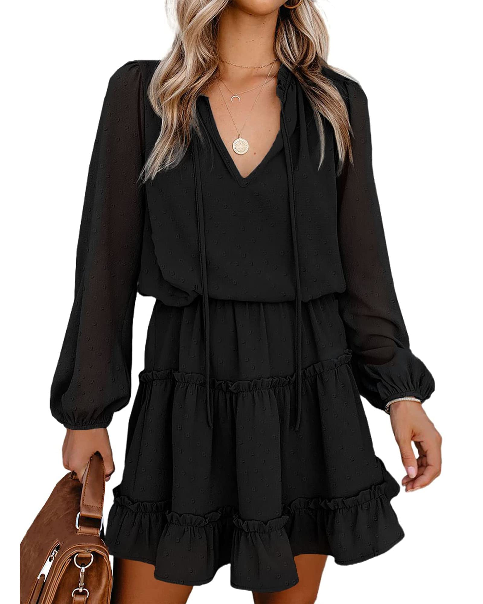 FreshPretty Long Sleeve Fall Dresses for Women Summer Casual Tie Neck Ruffle Tiered A Line Wedding Guest Short Mini Dress