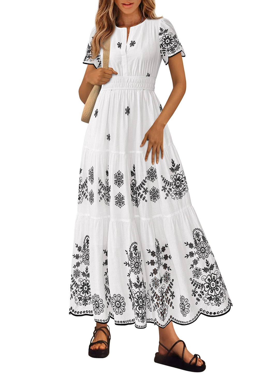 PRETTYGARDEN Boho Dresses for Women Summer Spring Casual Floral Short Sleeve V Neck Maxi Elastic Waist Dress Pockets