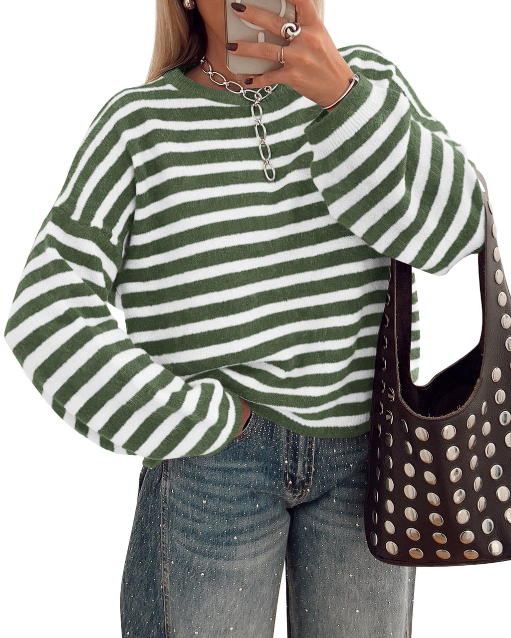 BTFBM Women's Lightweight Oversized Striped Sweater | Soft Knit Cozy Sweaters, Crew Neck Long Sleeve Pullover, y2k Color Block, Casual Holiday Outfits, Winter Fall Clothes