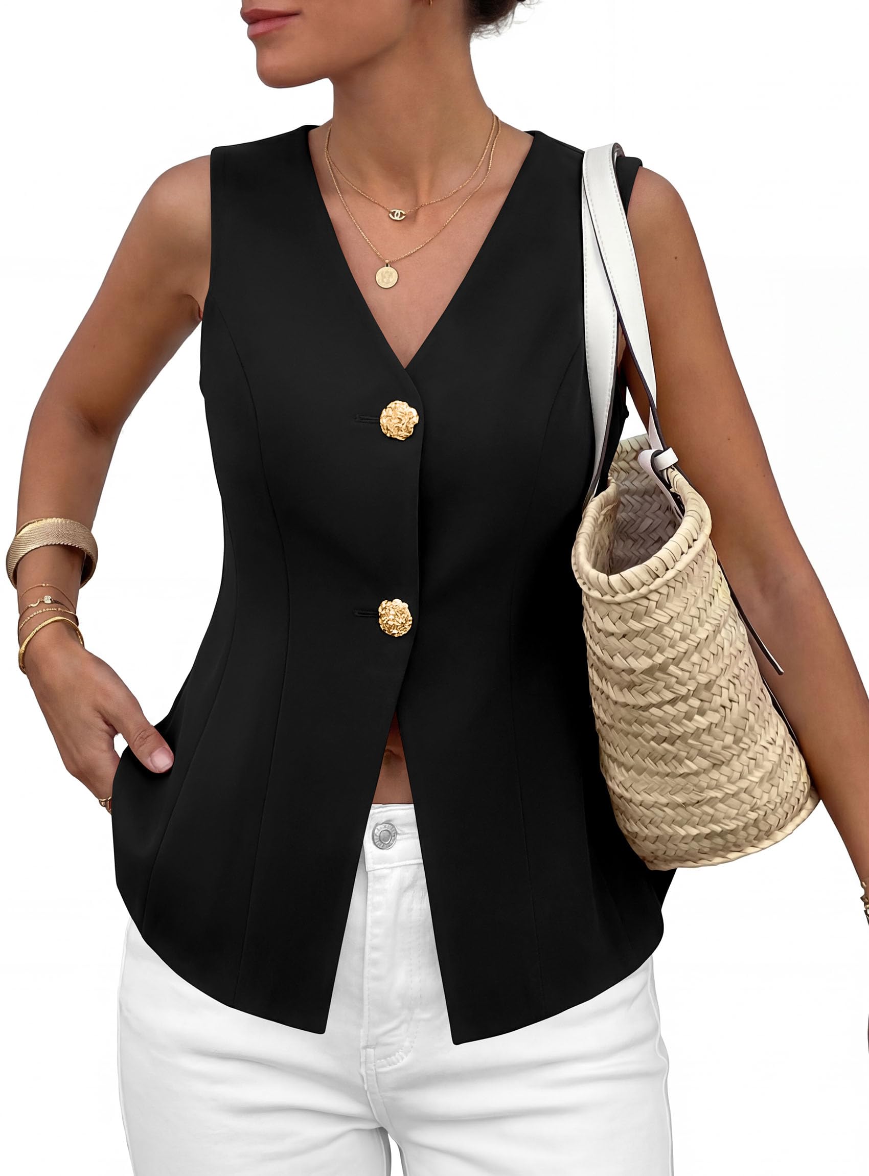 PRETTYGARDEN Womens Summer Sleeveless Suit Vest Tops Dressy Button Down Business Casual Blazer Waistcoat Spring Clothes