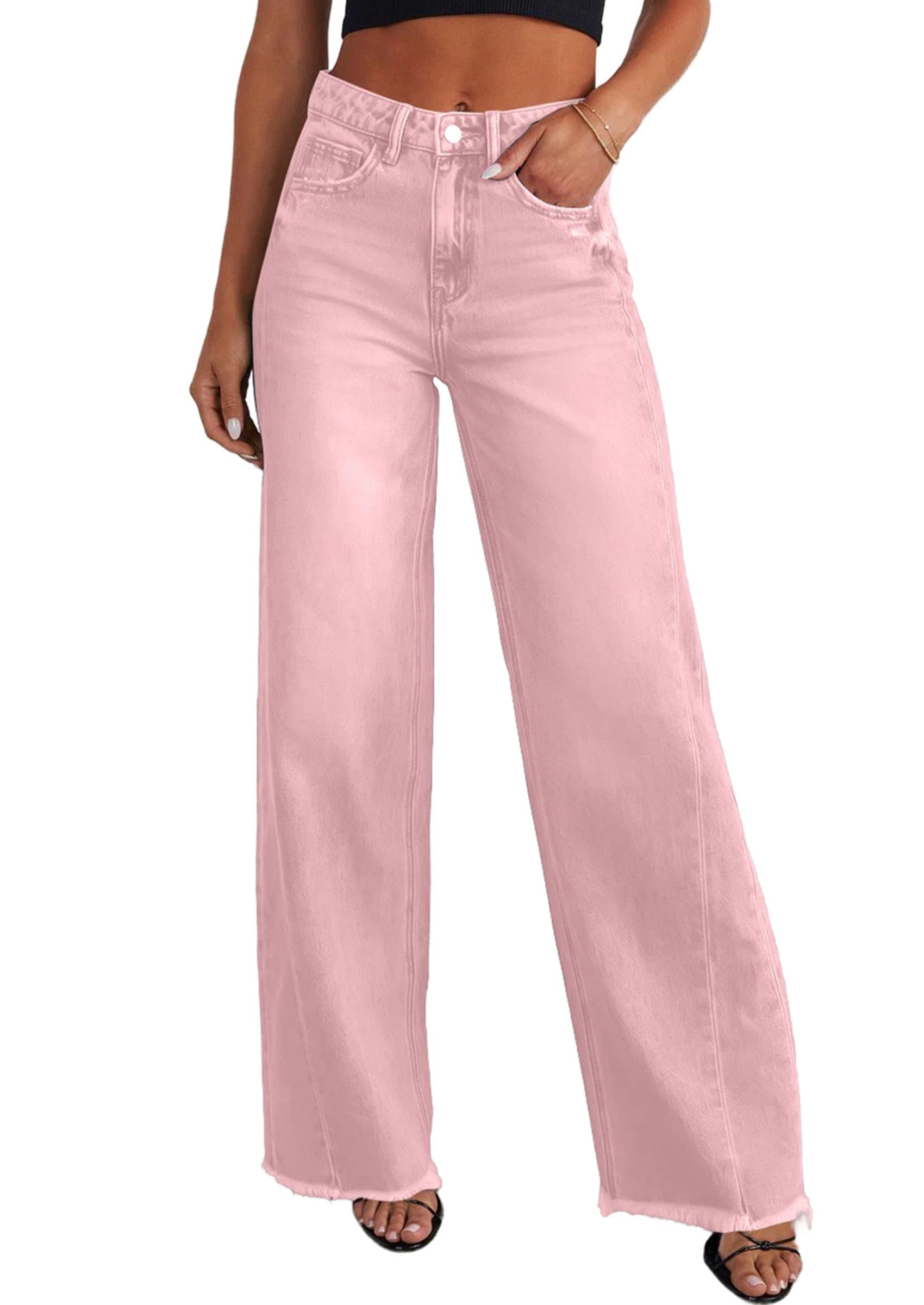 PRETTYGARDEN Wide Leg Jeans for Women Trendy High Waisted Stretchy Baggy Raw Hem Denim Palazzo Pants Fall Clothes