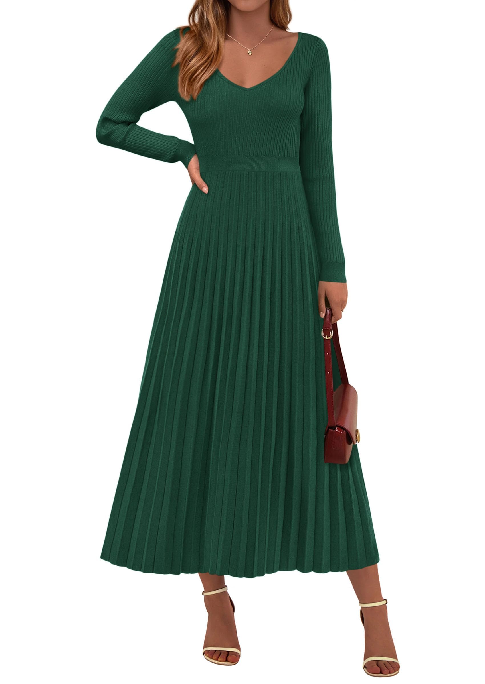 PRETTYGARDEN Women Sweater Dress Fall Fashion Long Sleeve V Neck Ribbed Knit Pleated A Line Elegant Maxi Winter Dresses