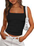 PRETTYGARDEN Tank Top for Women Summer Sleeveless Square Neck Double Lined Ruched Crop Tops Spring Going Out Y2k Clothes