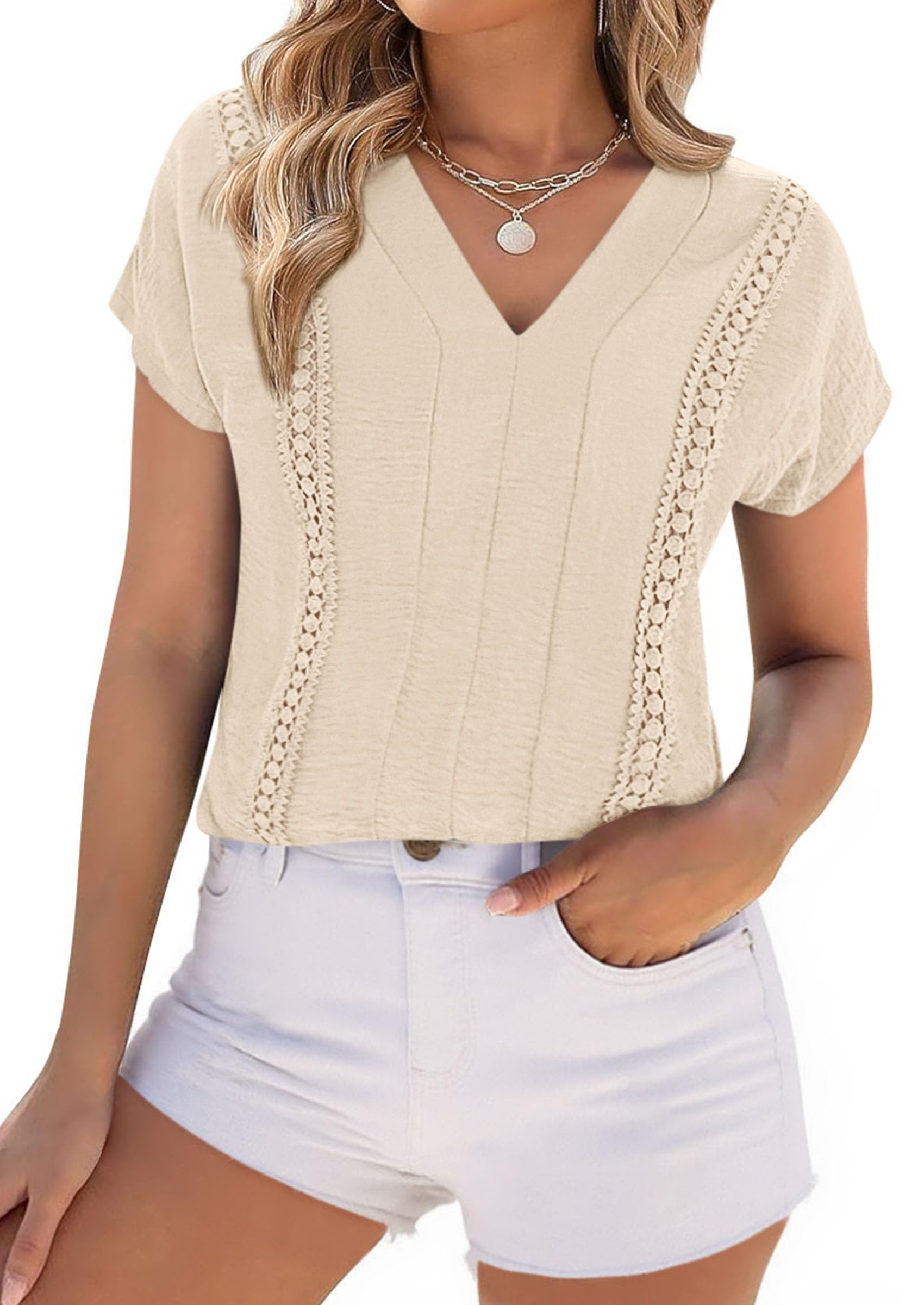 PRETTYGARDEN Spring Tops for Women Summer Fashion Clothes Dressy Casual Blouses Cap Sleeve V Neck Shirts Work Outfits