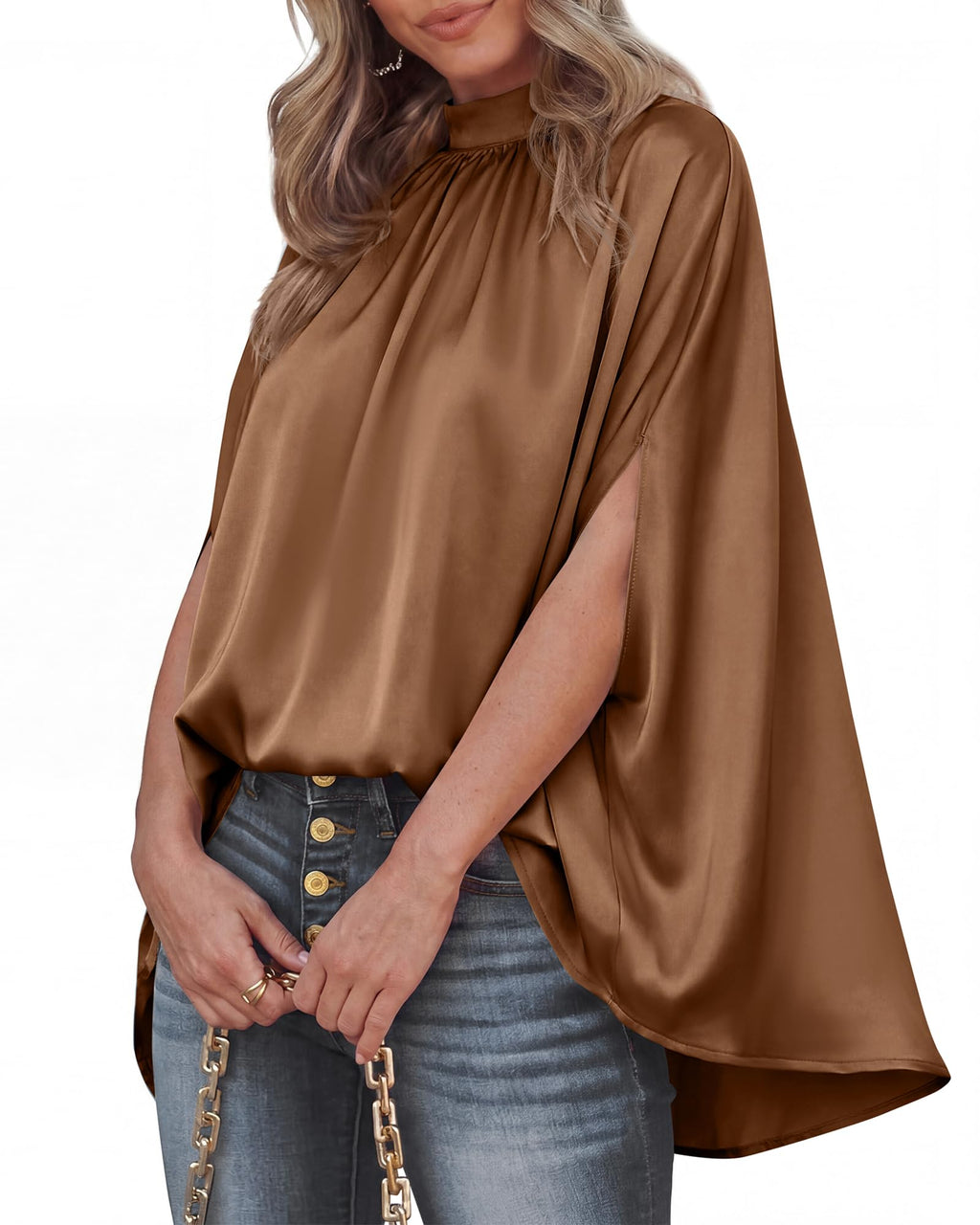 BTFBM Womens Summer Tops Mock Neck Batwing Sleeve Silk Satin Shirts Loose Oversized Dressy Casual Spring Blouses