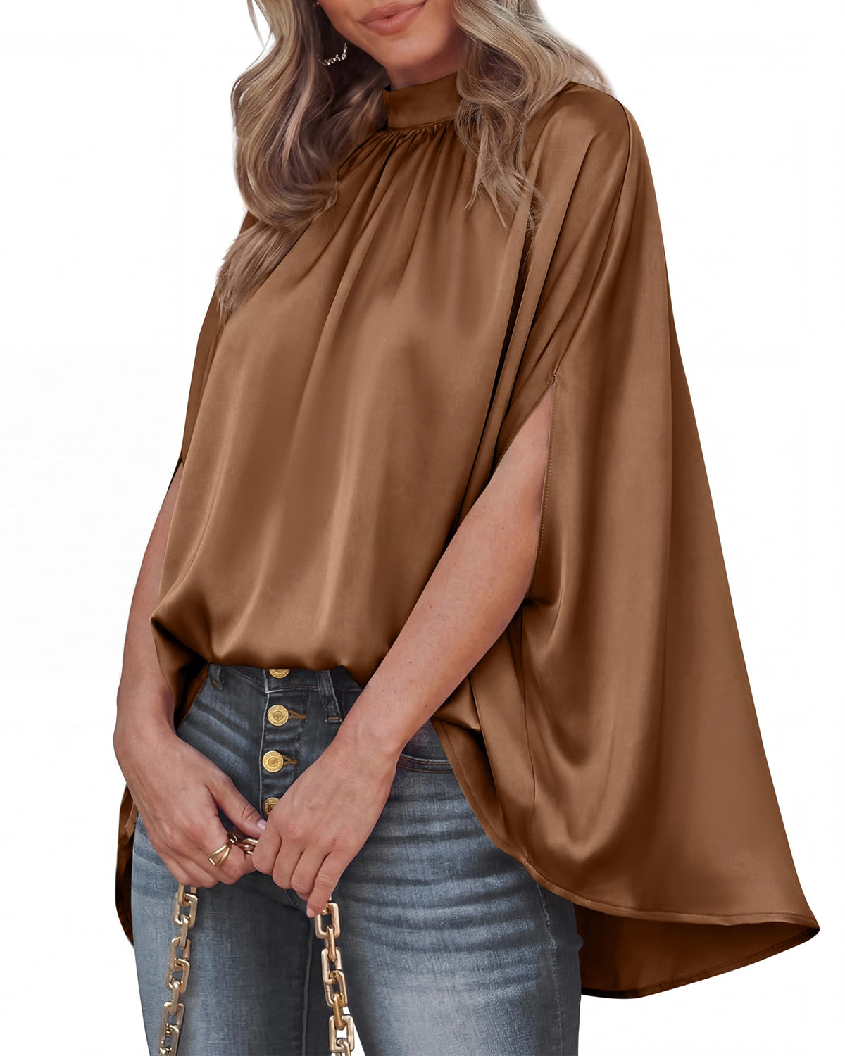BTFBM Womens Summer Tops Mock Neck Batwing Sleeve Silk Satin Shirts Loose Oversized Dressy Casual Spring Blouses