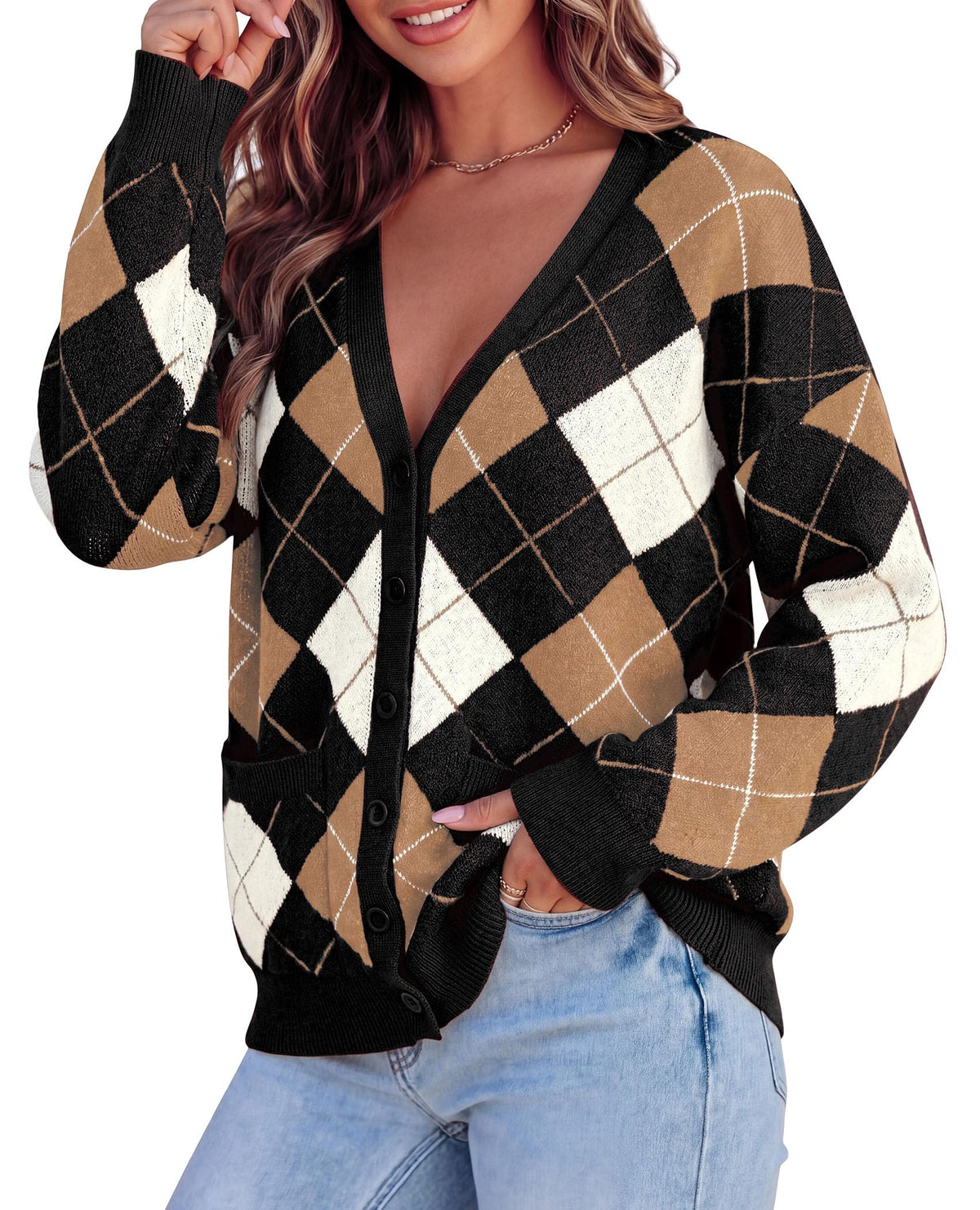 PRETTYGARDEN Women's Cardigan Argyle Winter Sweaters Cozy Warm Chunky Knit, Long Sleeve V Neck, Color Block Plaid, Button Up Pocket,Trendy Fall Jackets, Holiday Going Out Outfits