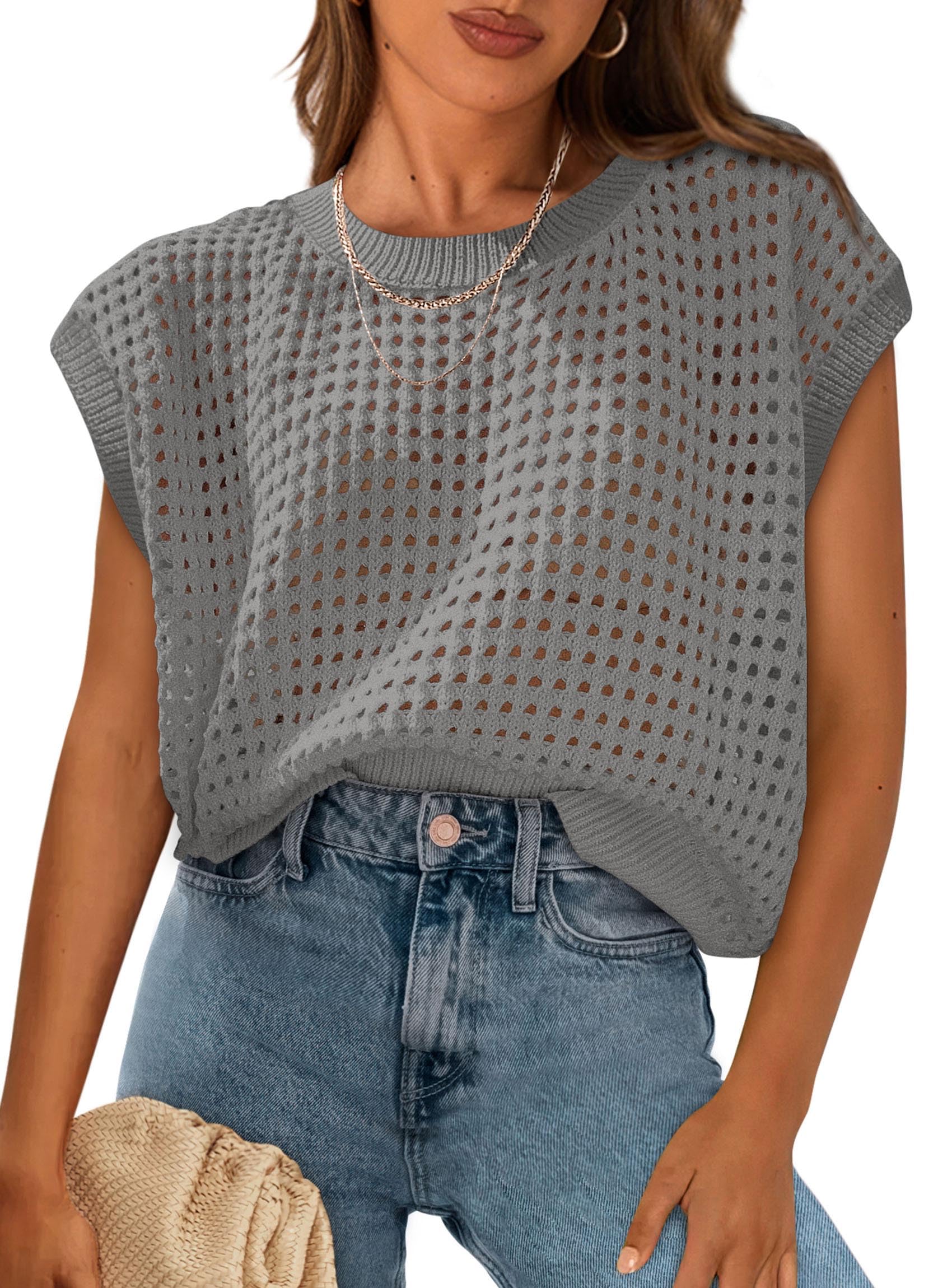 PRETTYGARDEN Womens Spring Tops Summer Shirts Crochet Cap Sleeve Sweater Pullover Cute Beach Vacation Clothes