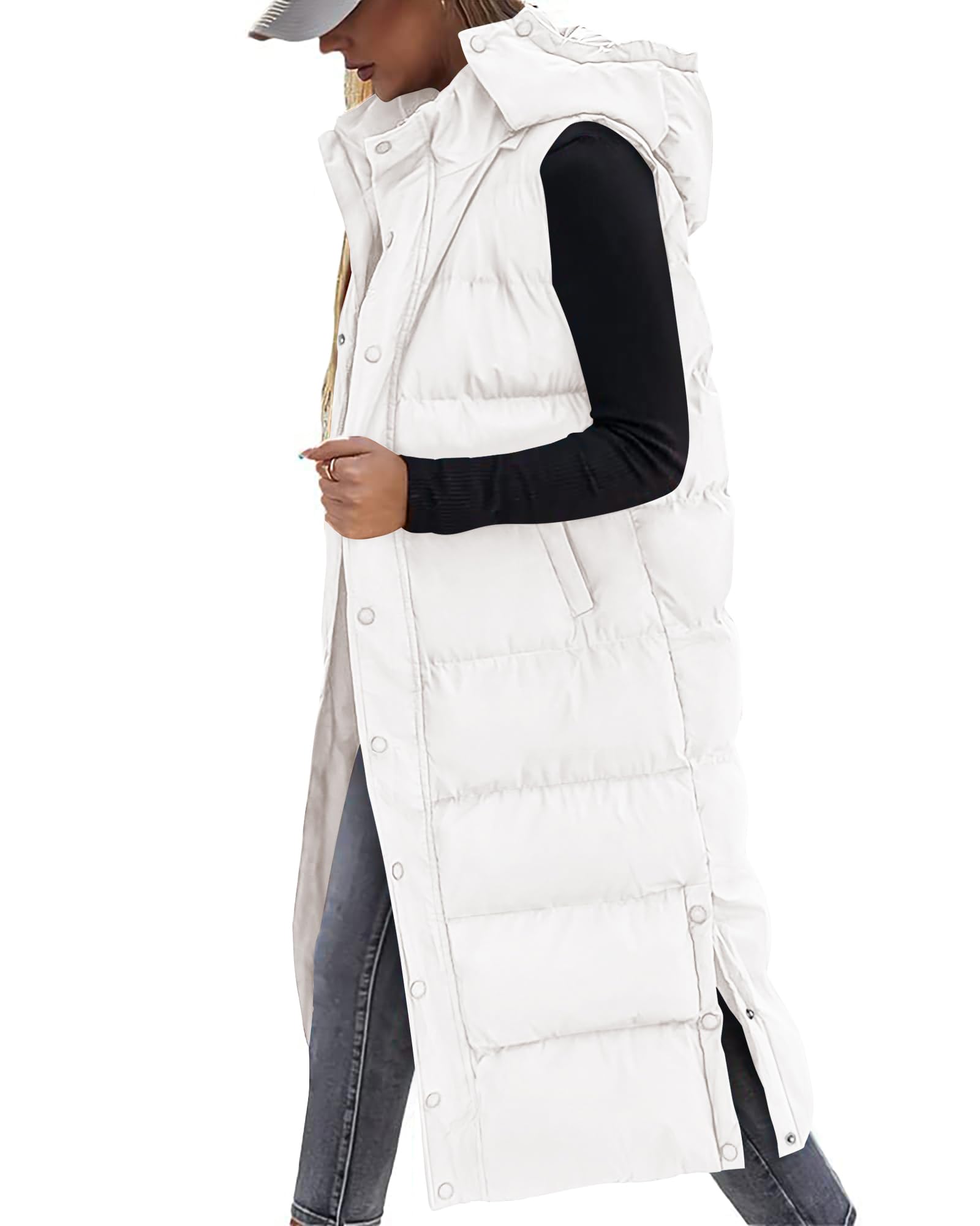 FreshPretty Long Puffer Vest Women Quilted Hooded Button Down Zip Up Sleeveless Vests Outerwear Padded Jacket Fall Winter Coat