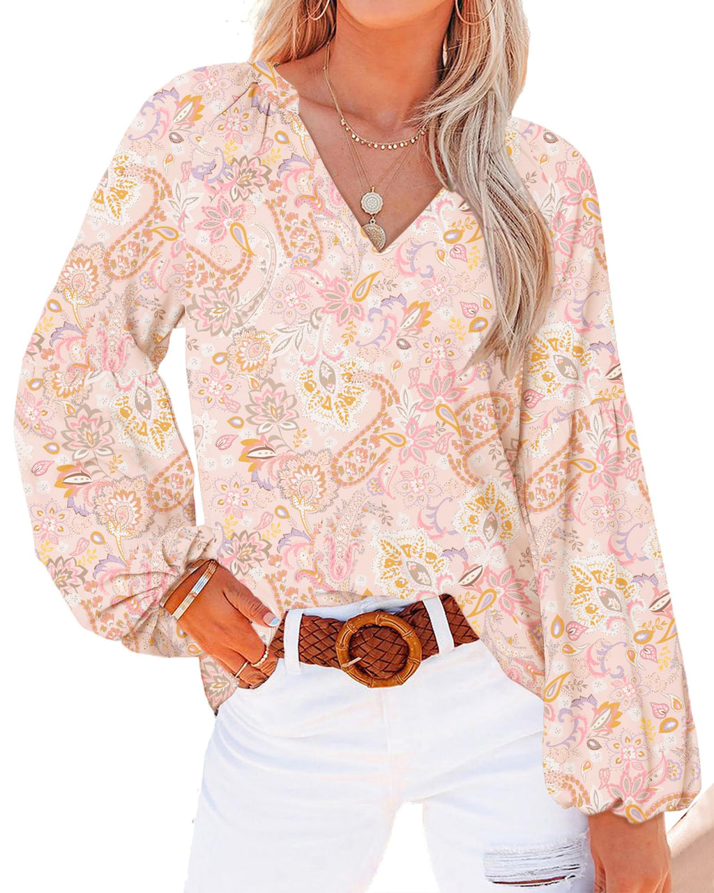 FreshPretty Blouses for Women Floral Boho Tops V Neck Lightweight Long Sleeve Shirts Fall Dressy Casual Vacation Outfits