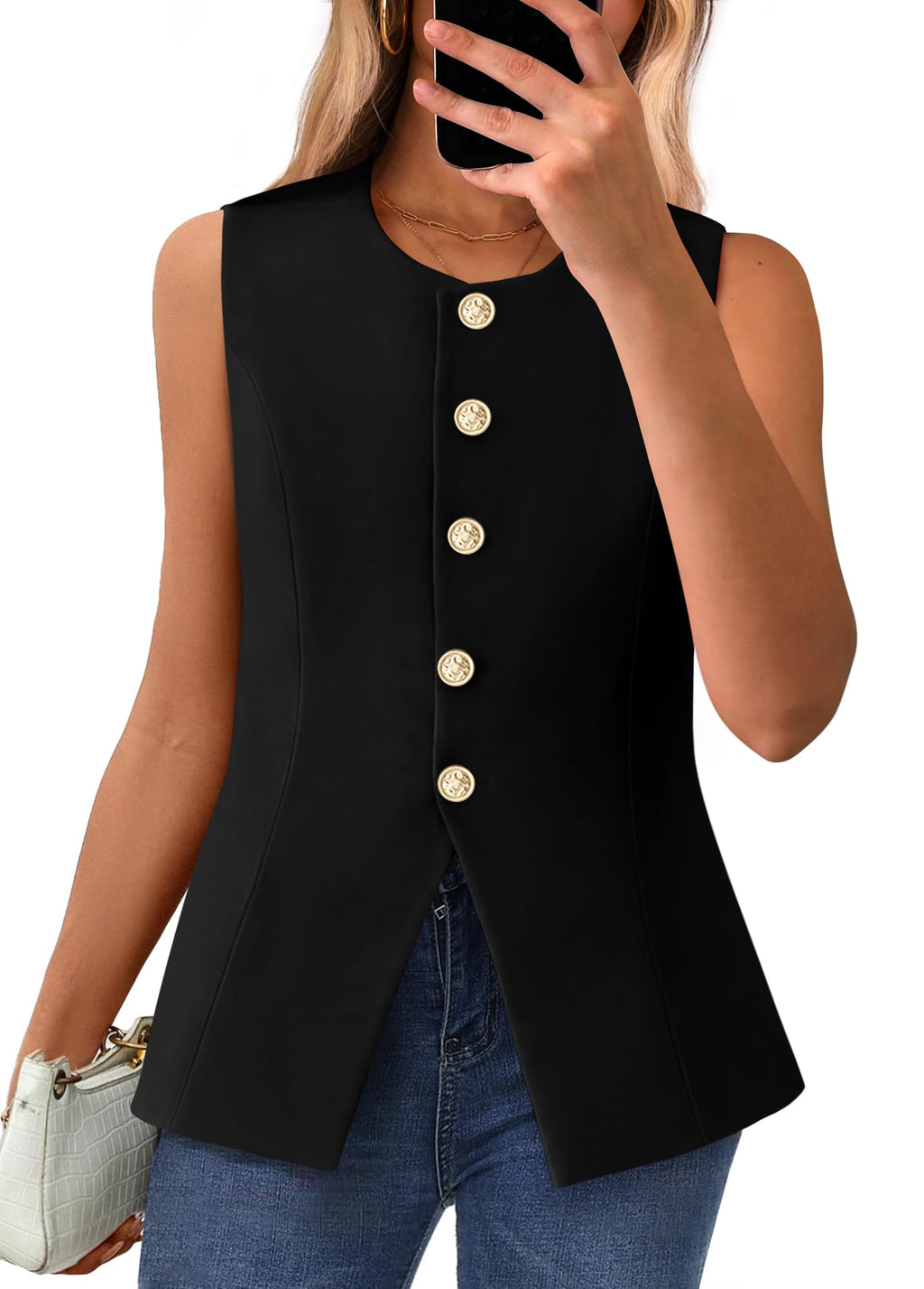 BTFBM Summer Sleeveless Blazer Vest For Women Dressy Button Down Round Neck Business Casual Outfits Work Suit Vests Tops