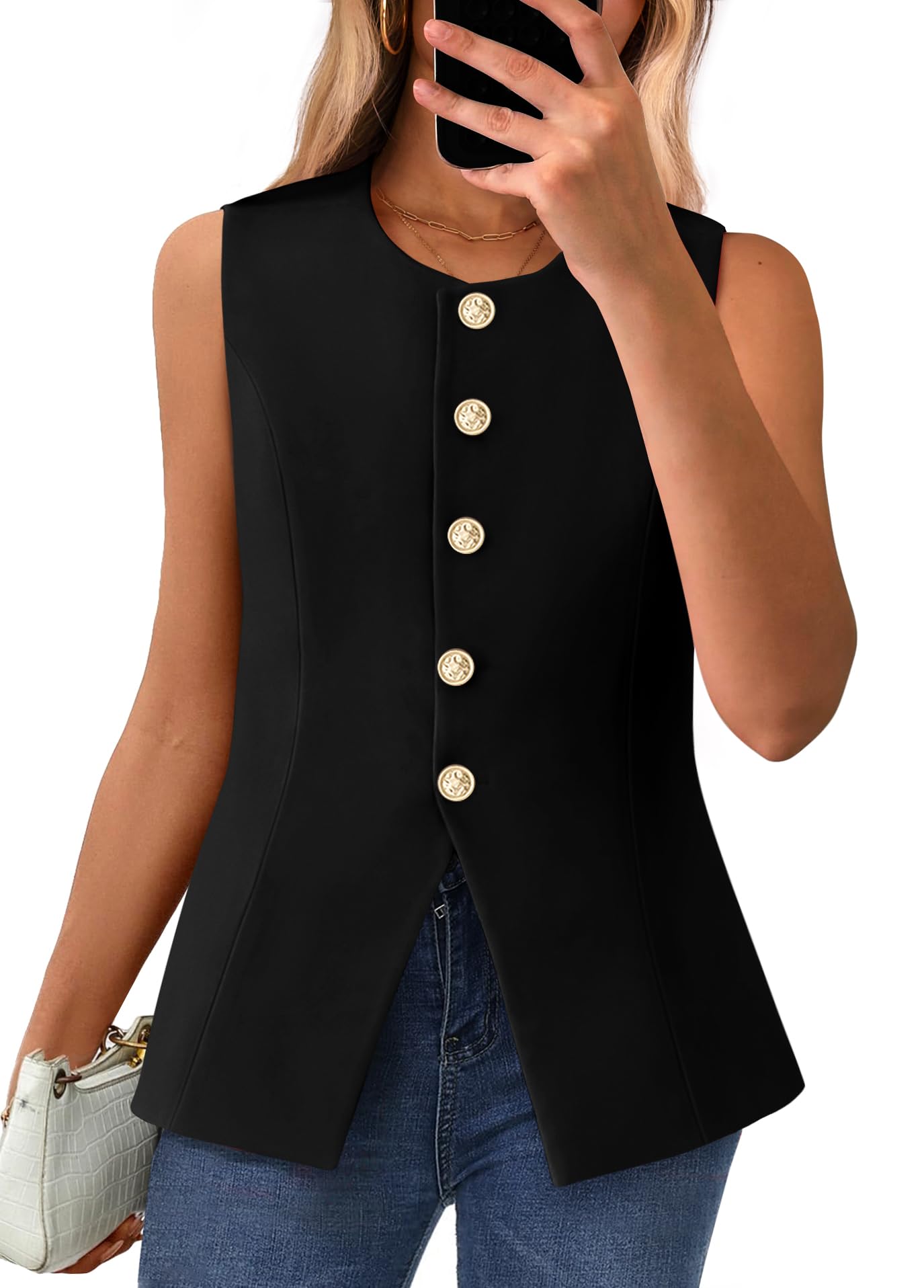 BTFBM Summer Sleeveless Blazer Vest For Women Dressy Button Down Round Neck Business Casual Outfits Work Suit Vests Tops