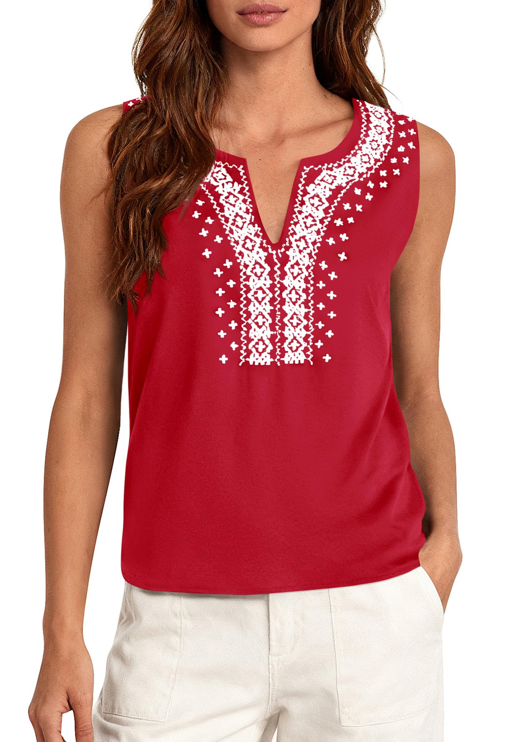 PRETTYGARDEN Womens Tank Tops Summer Causal V Neck Sleeveless Shirts Floral Print Embroidered Beach Vacation Boho Top