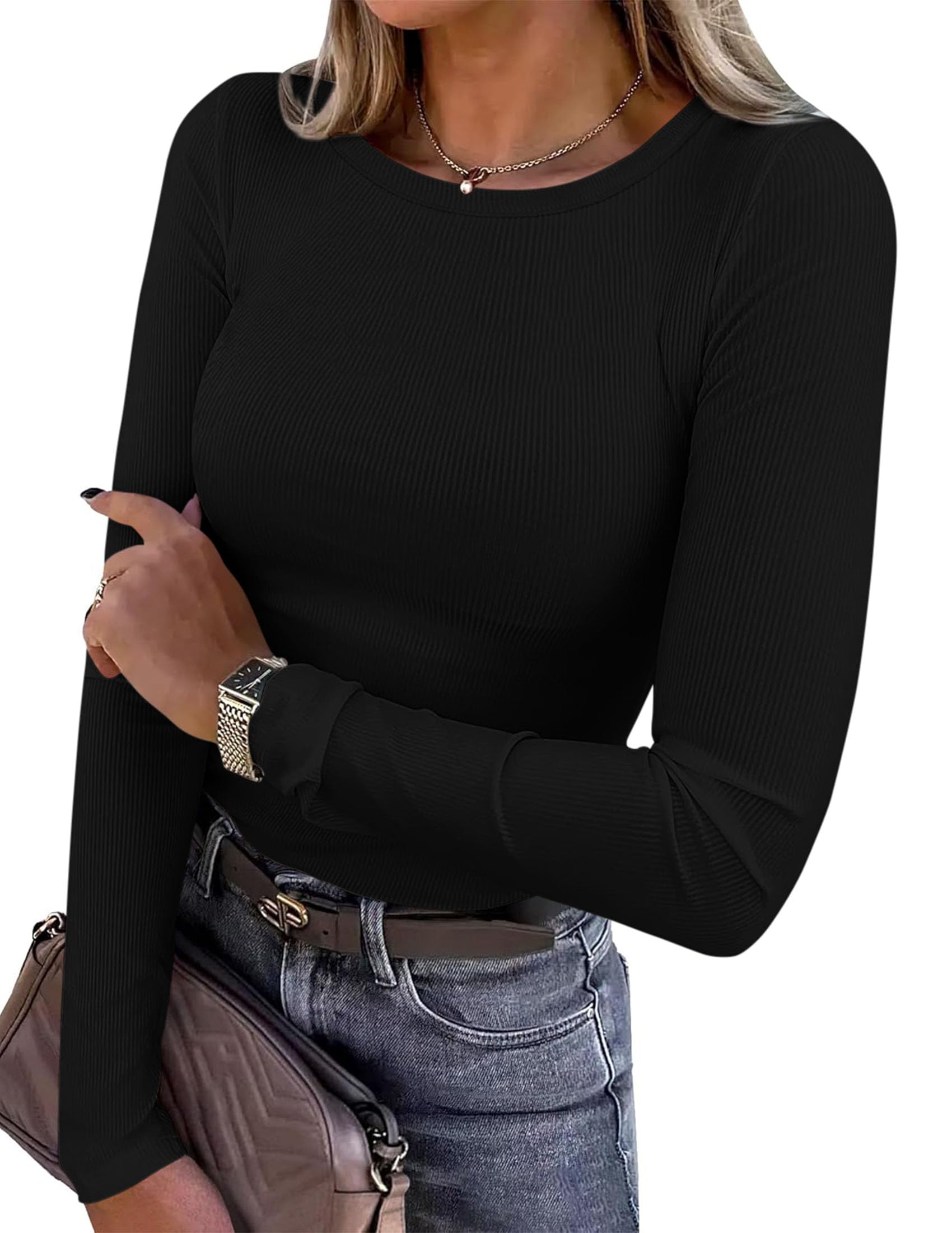 PRETTYGARDEN Women Fall Clothes Long Sleeve Shirts Ribbed Knit Fitted Basic Tee Going Out Tops Underscrub Casual Outfits